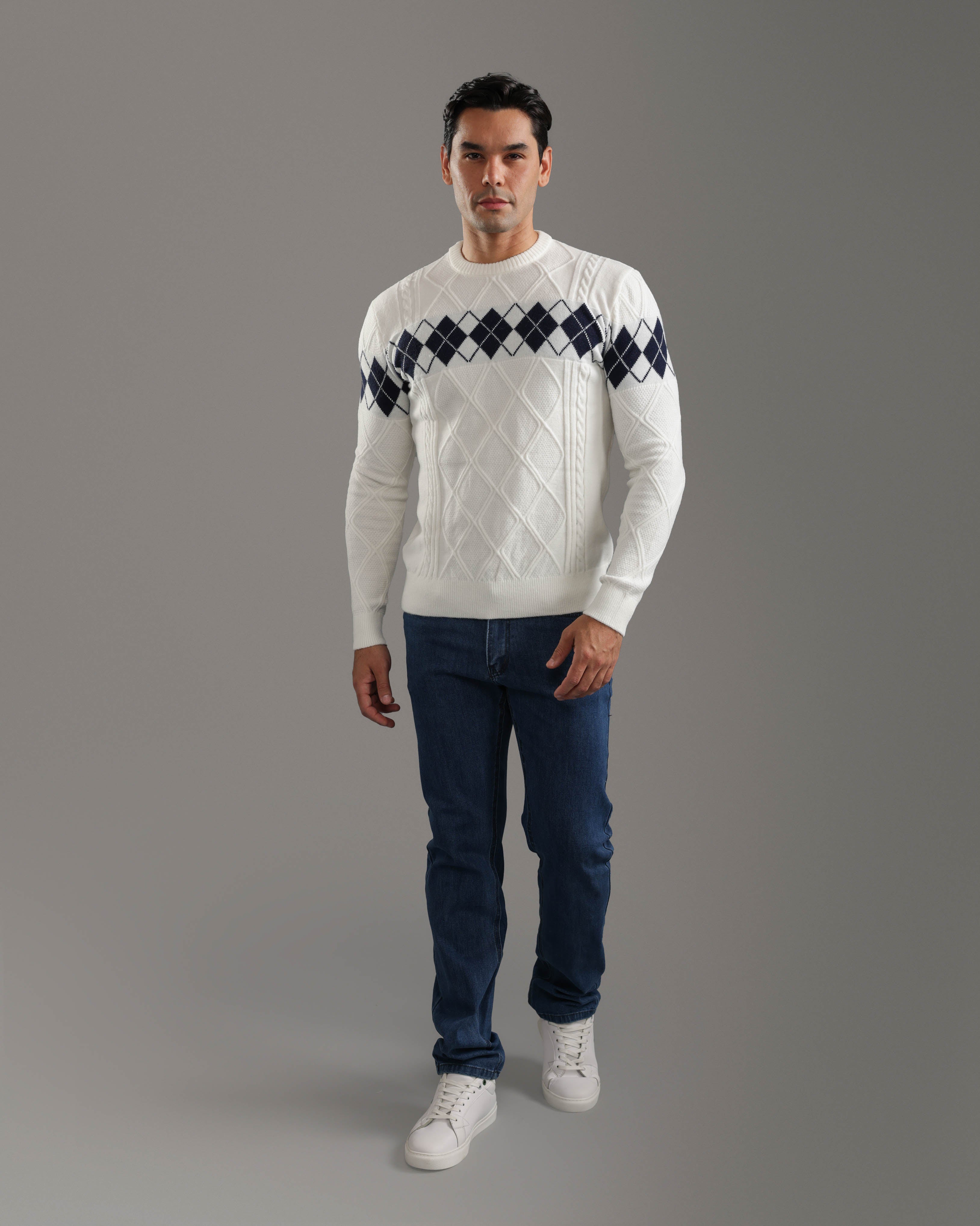 White Argyle Knit Pullover