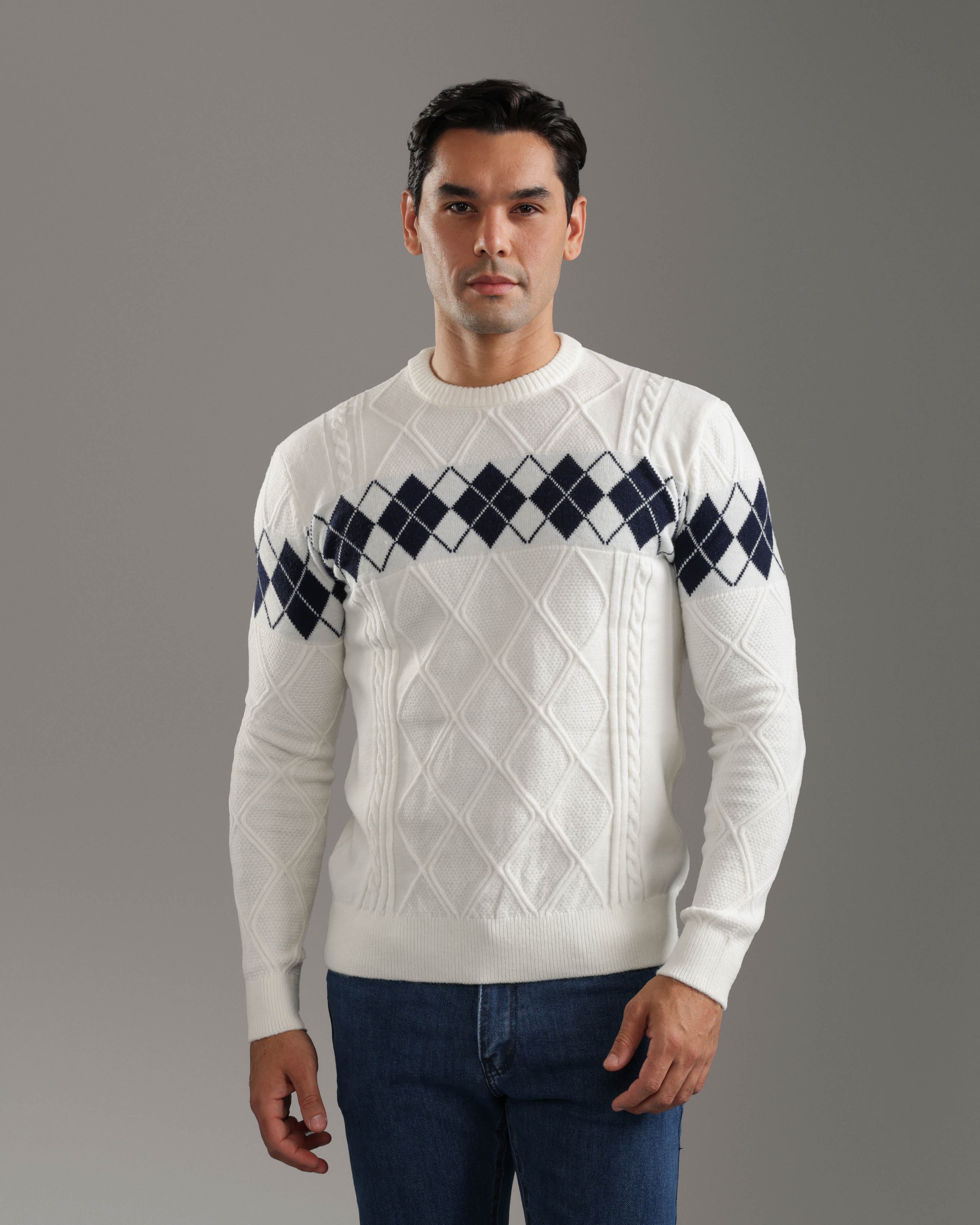 White Argyle Knit Pullover