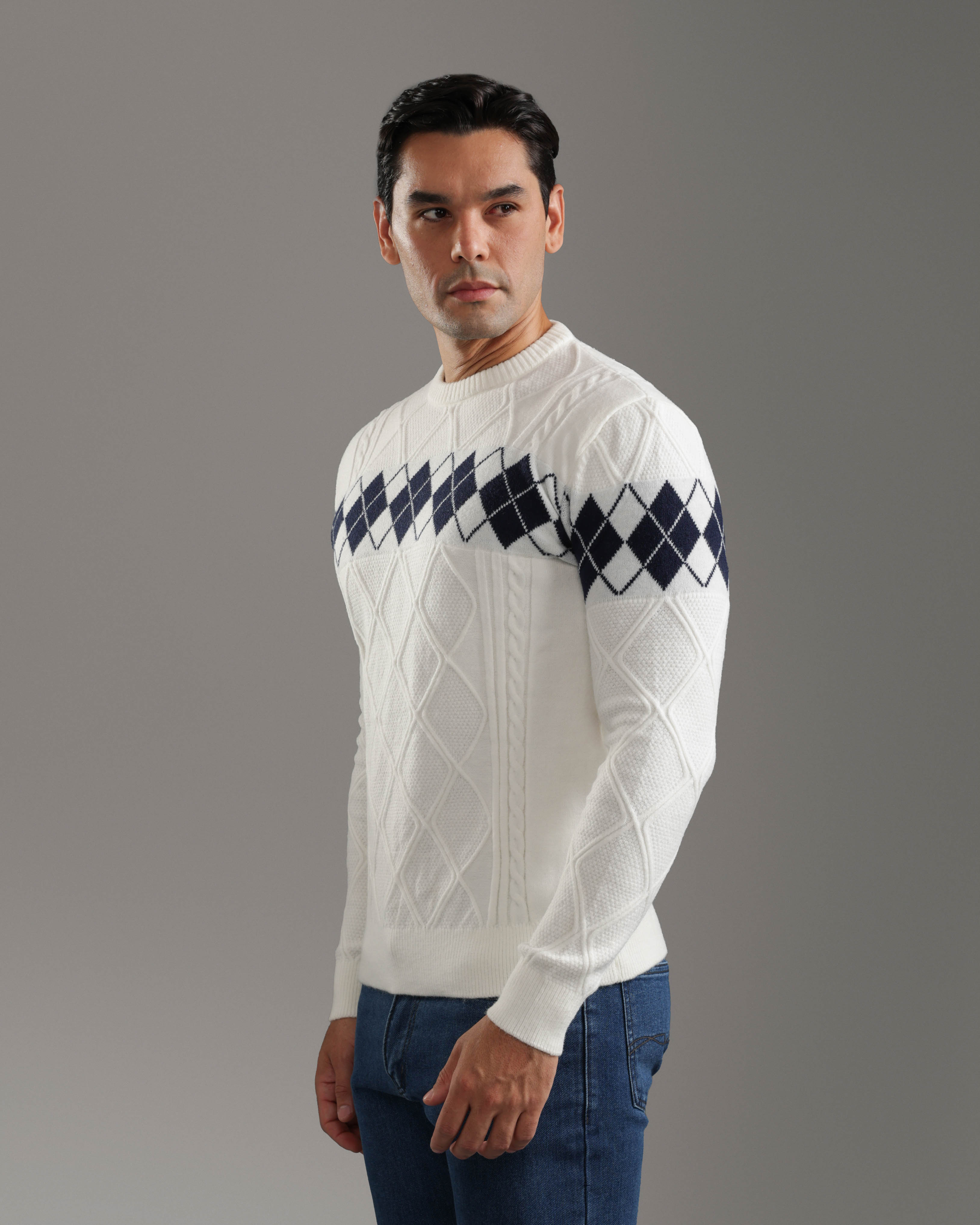White Argyle Knit Pullover