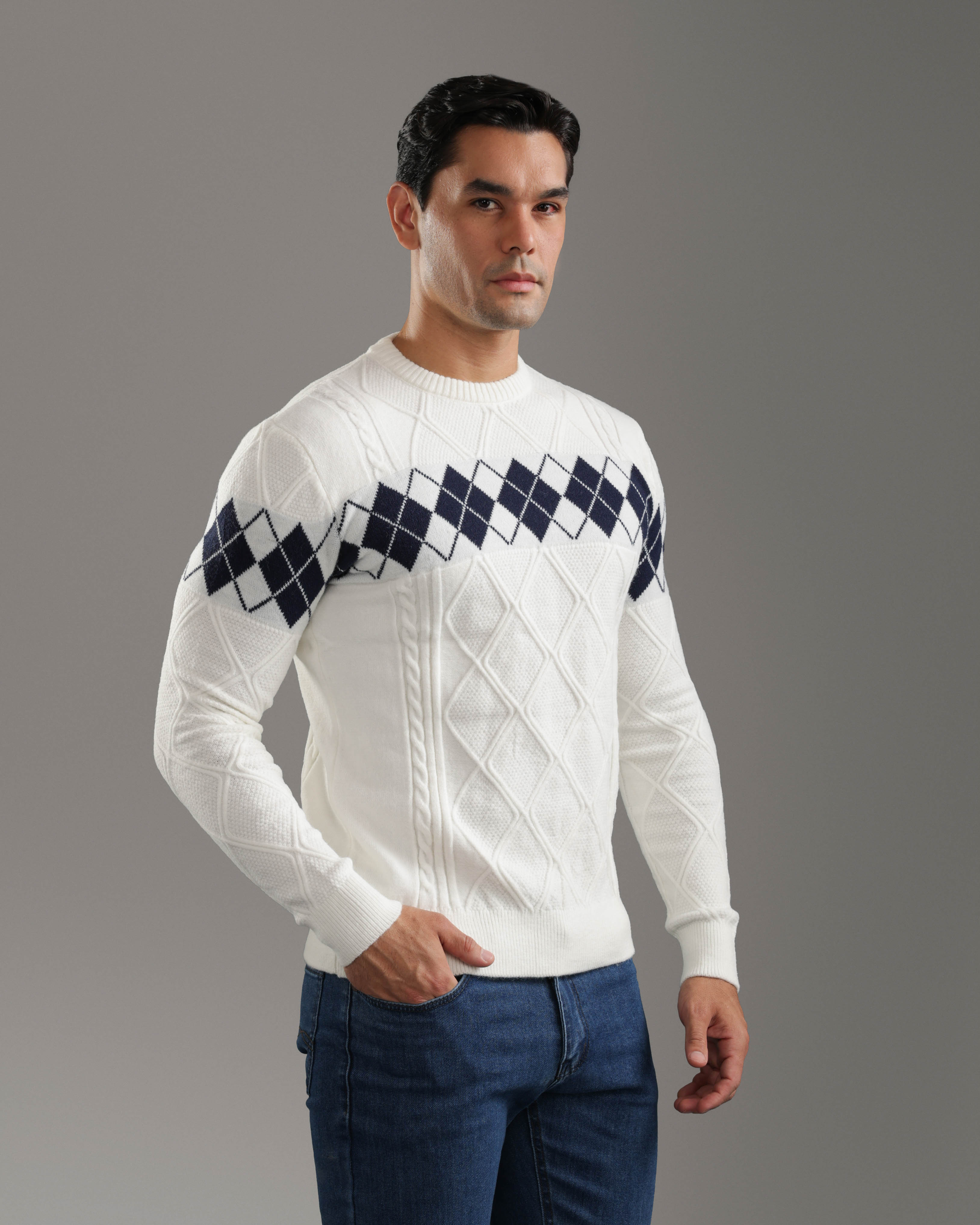 White Argyle Knit Pullover