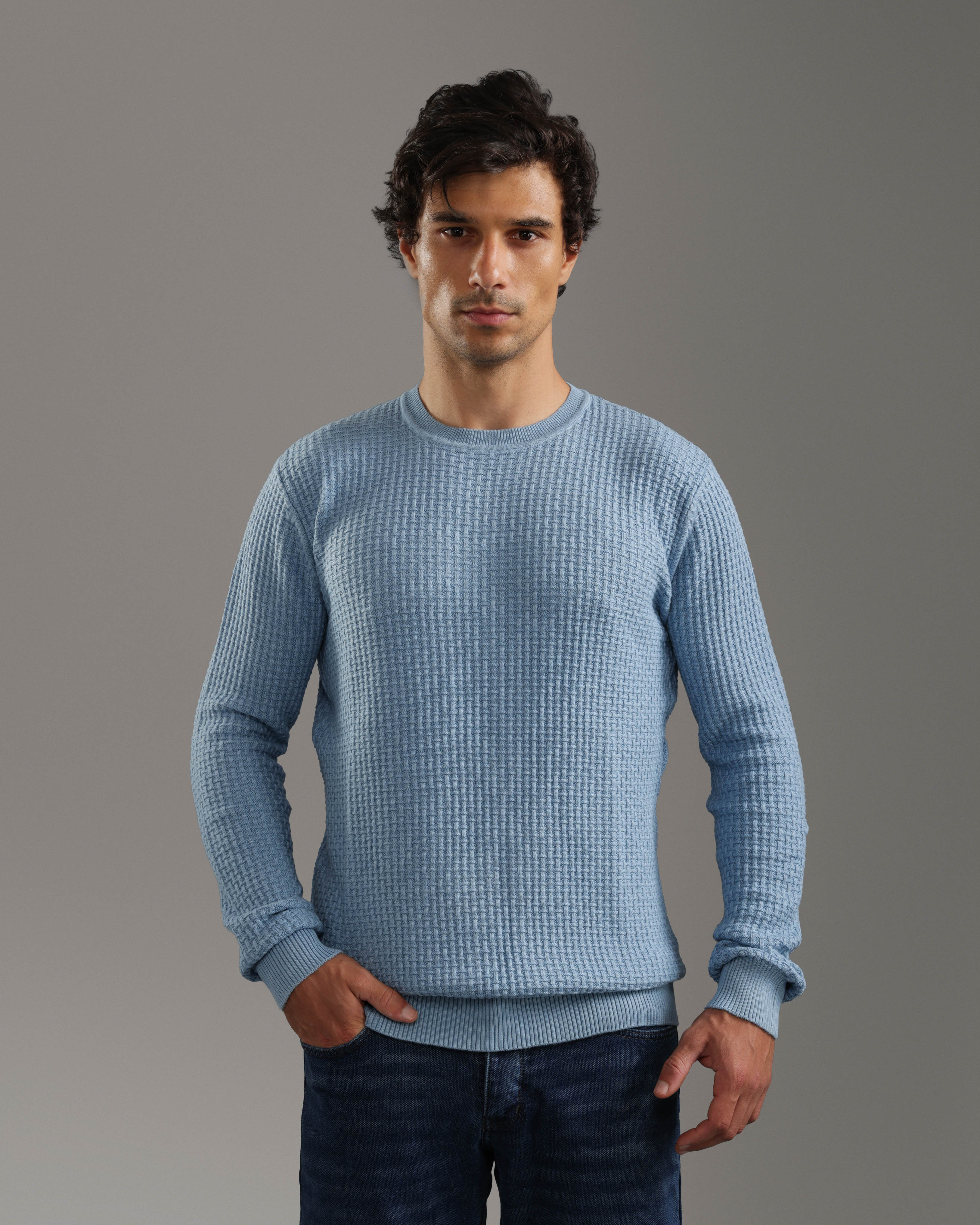 Light Blue Waffle Knit Pullover