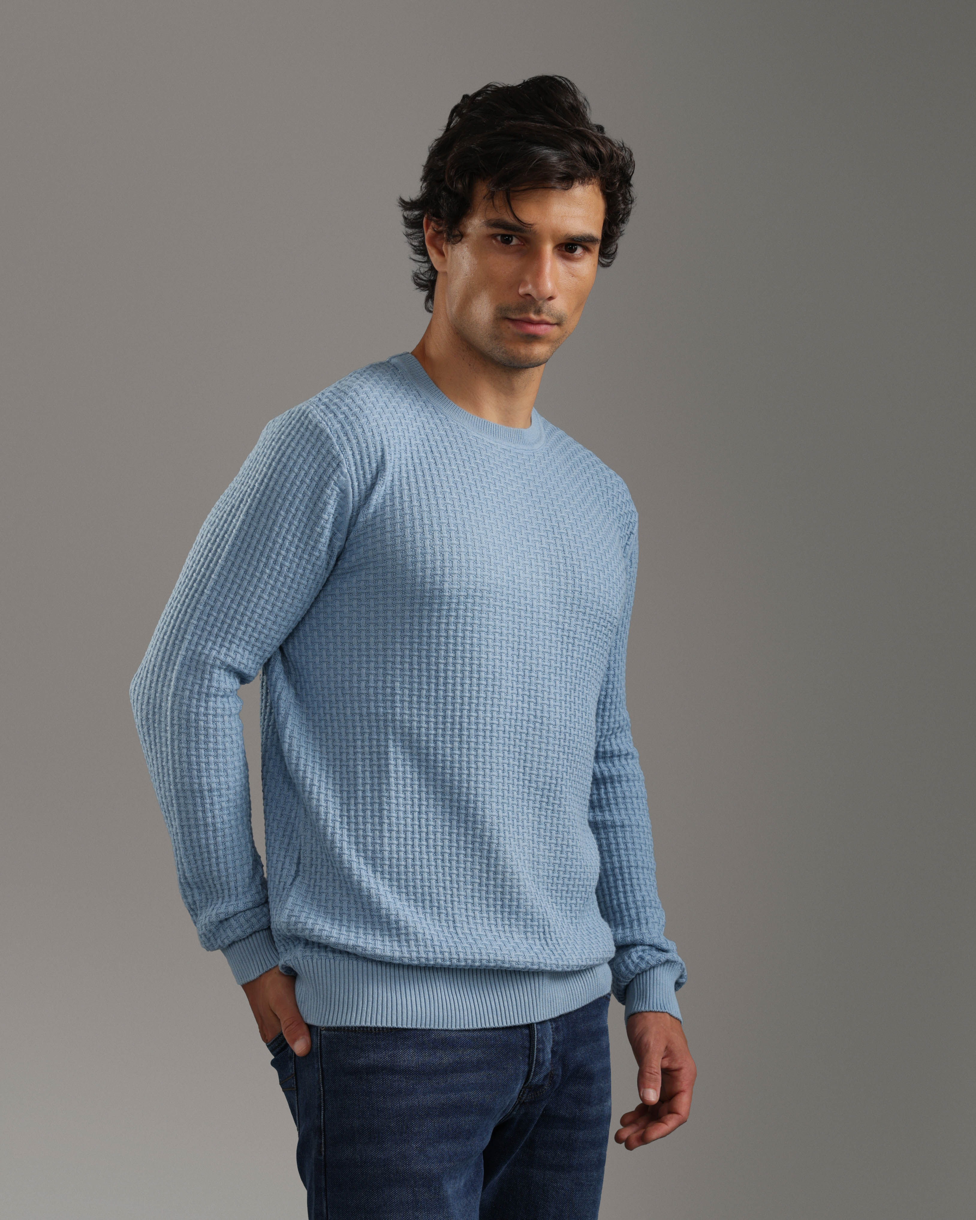 Light Blue Waffle Knit Pullover