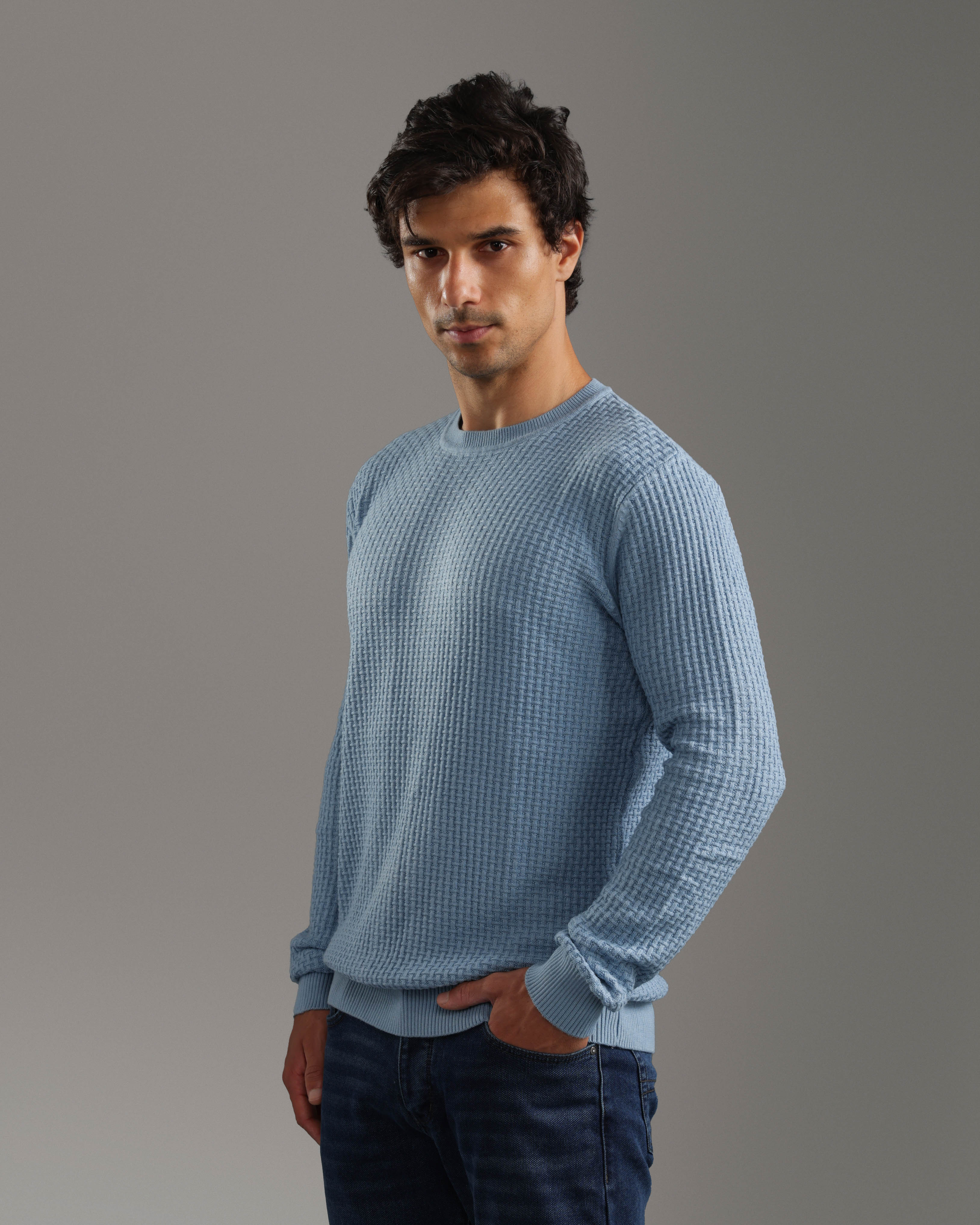 Light Blue Waffle Knit Pullover