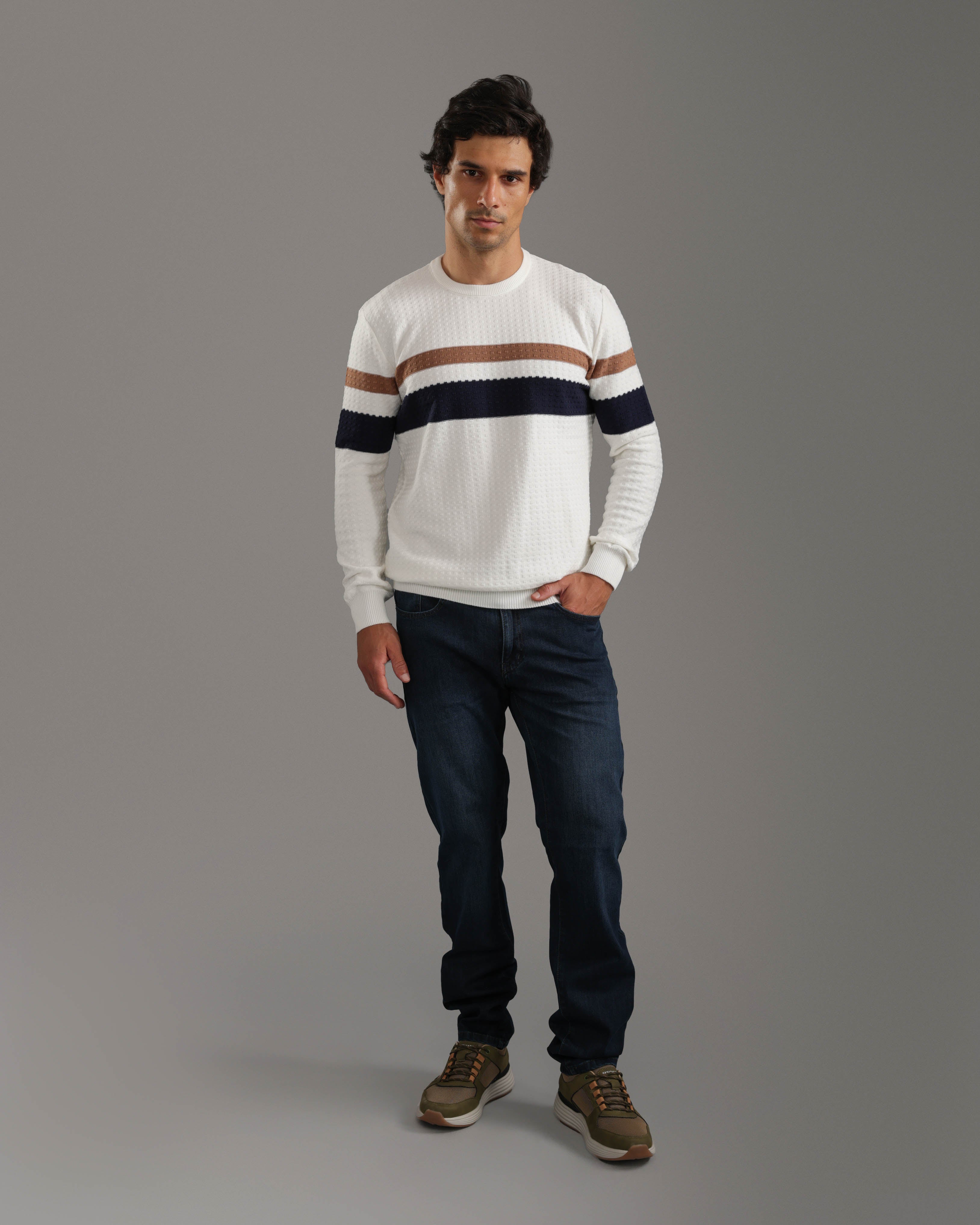 White Striped Textured Pullover