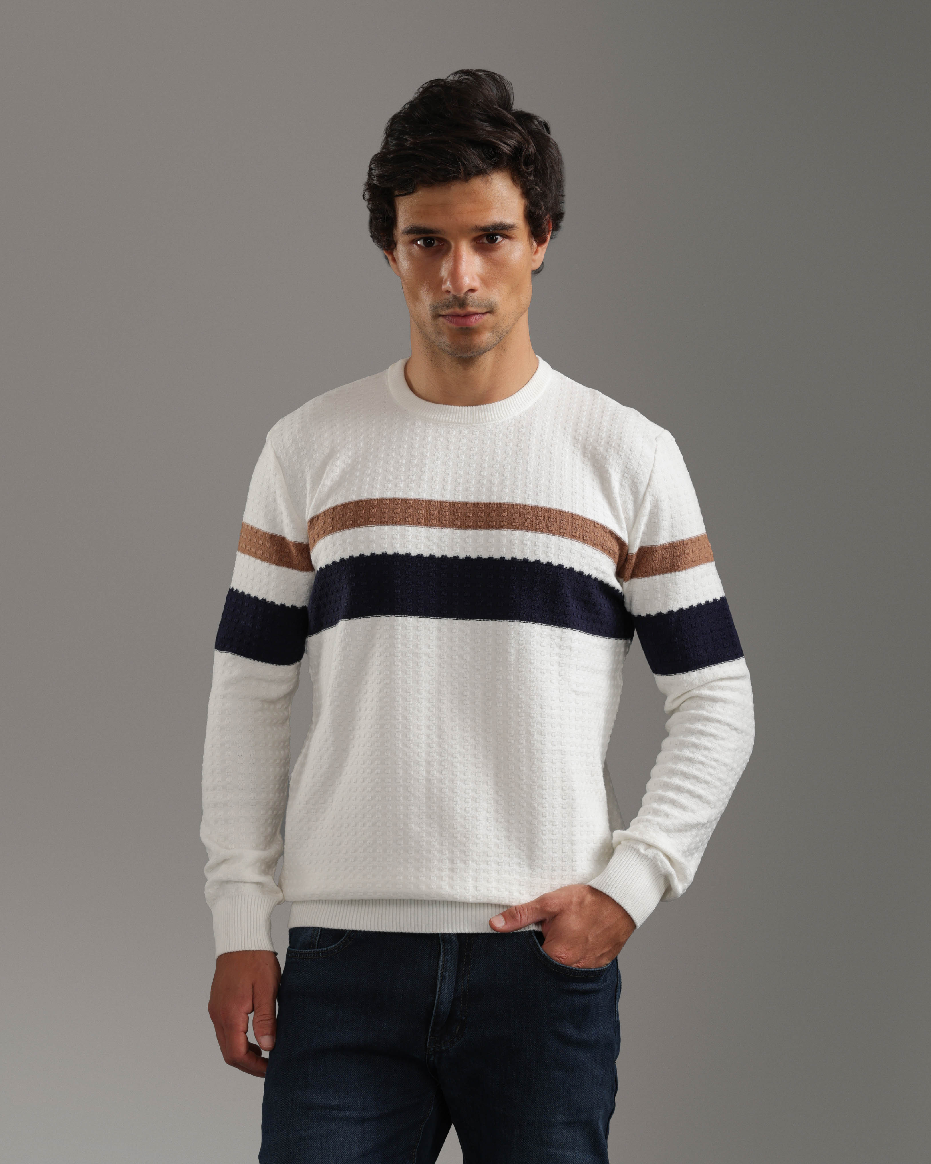 White Striped Textured Pullover