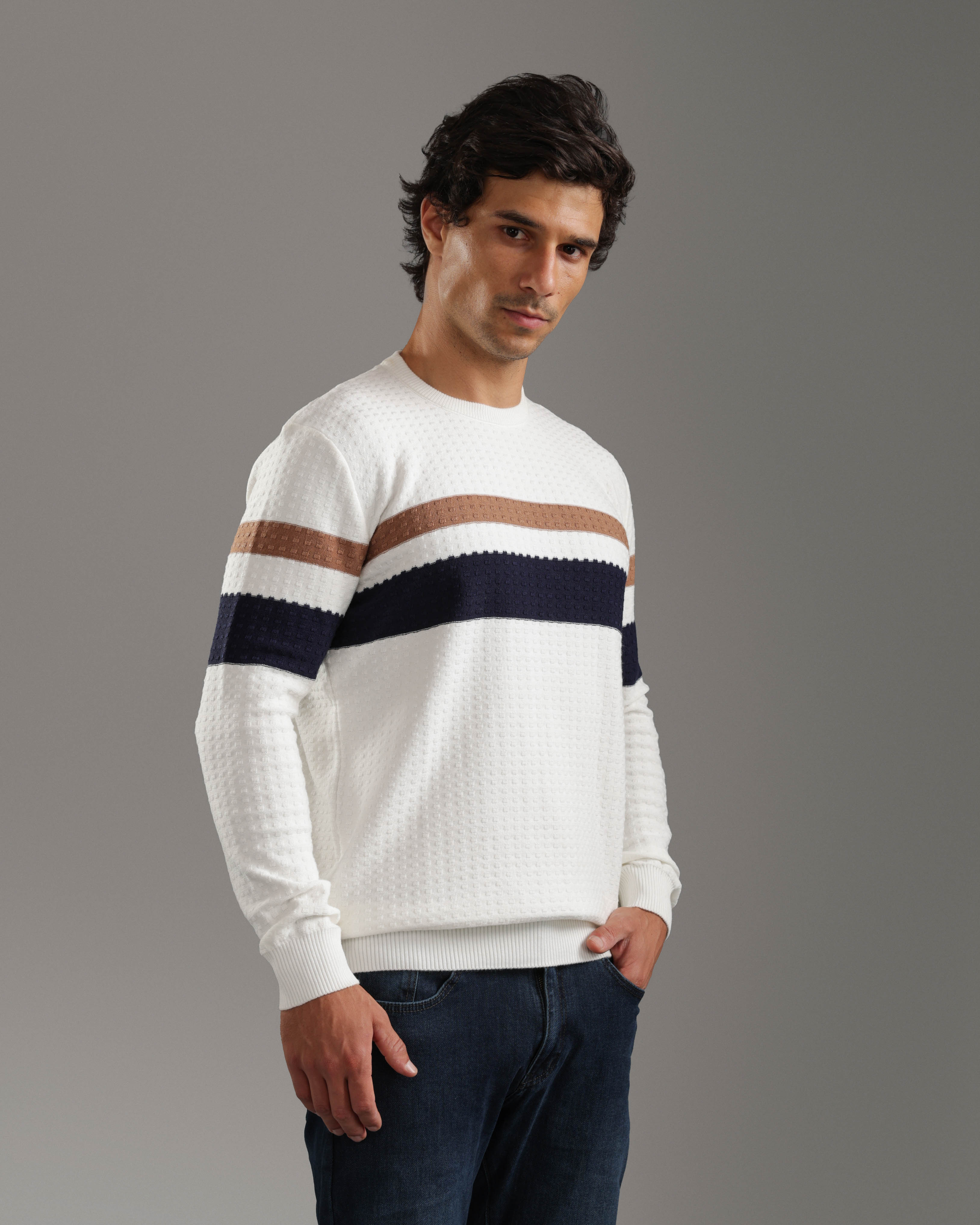 White Striped Textured Pullover