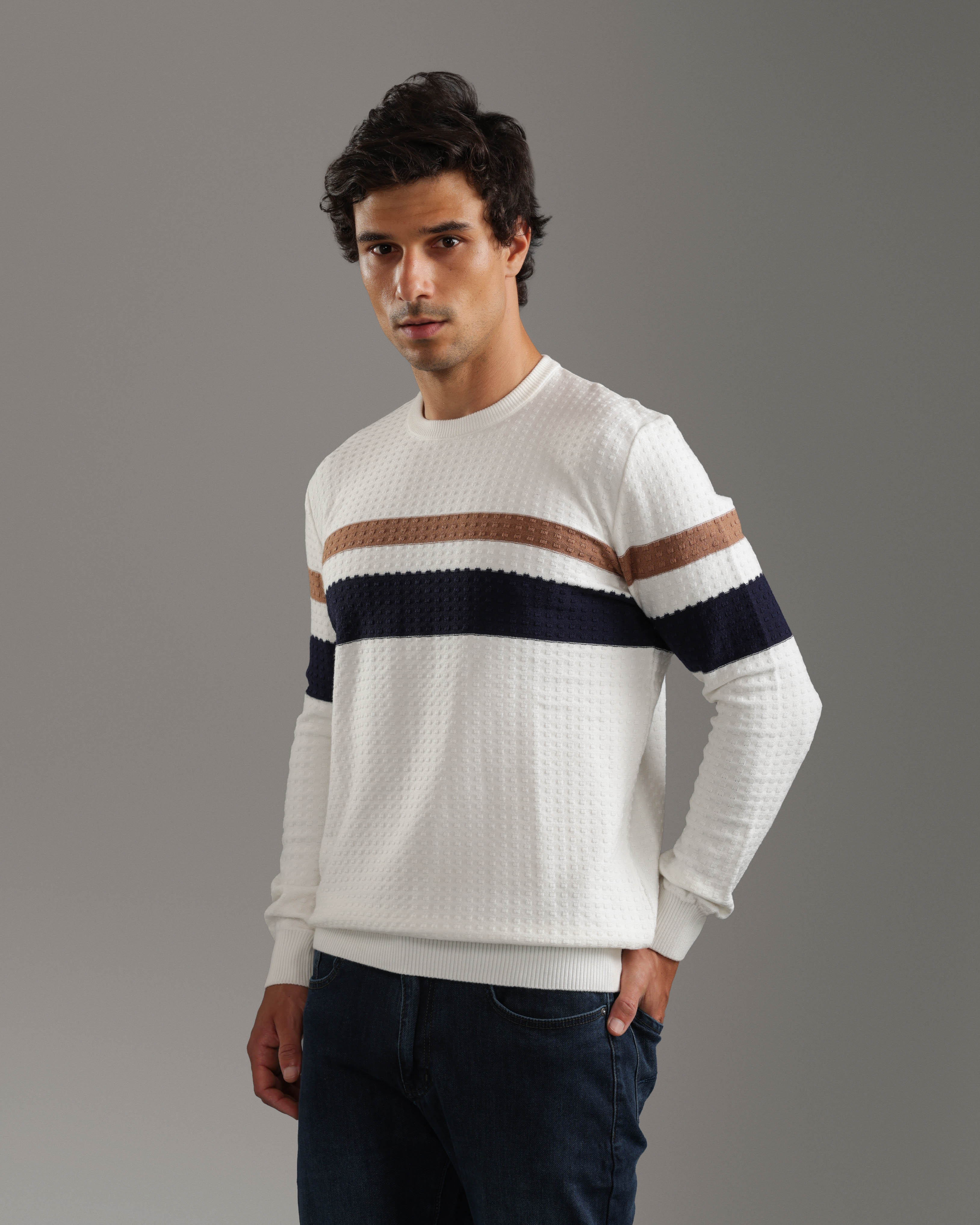 White Striped Textured Pullover
