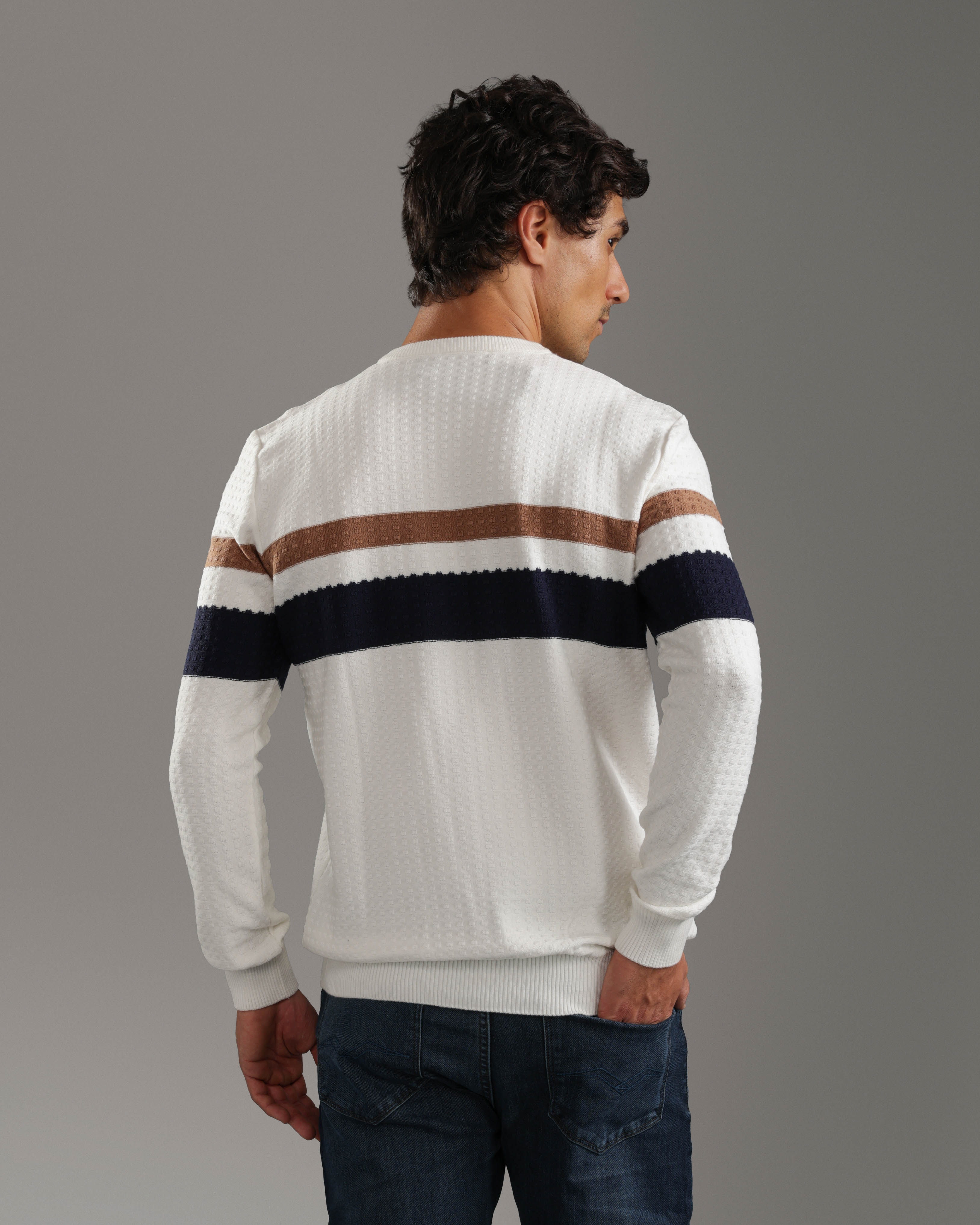 White Striped Textured Pullover