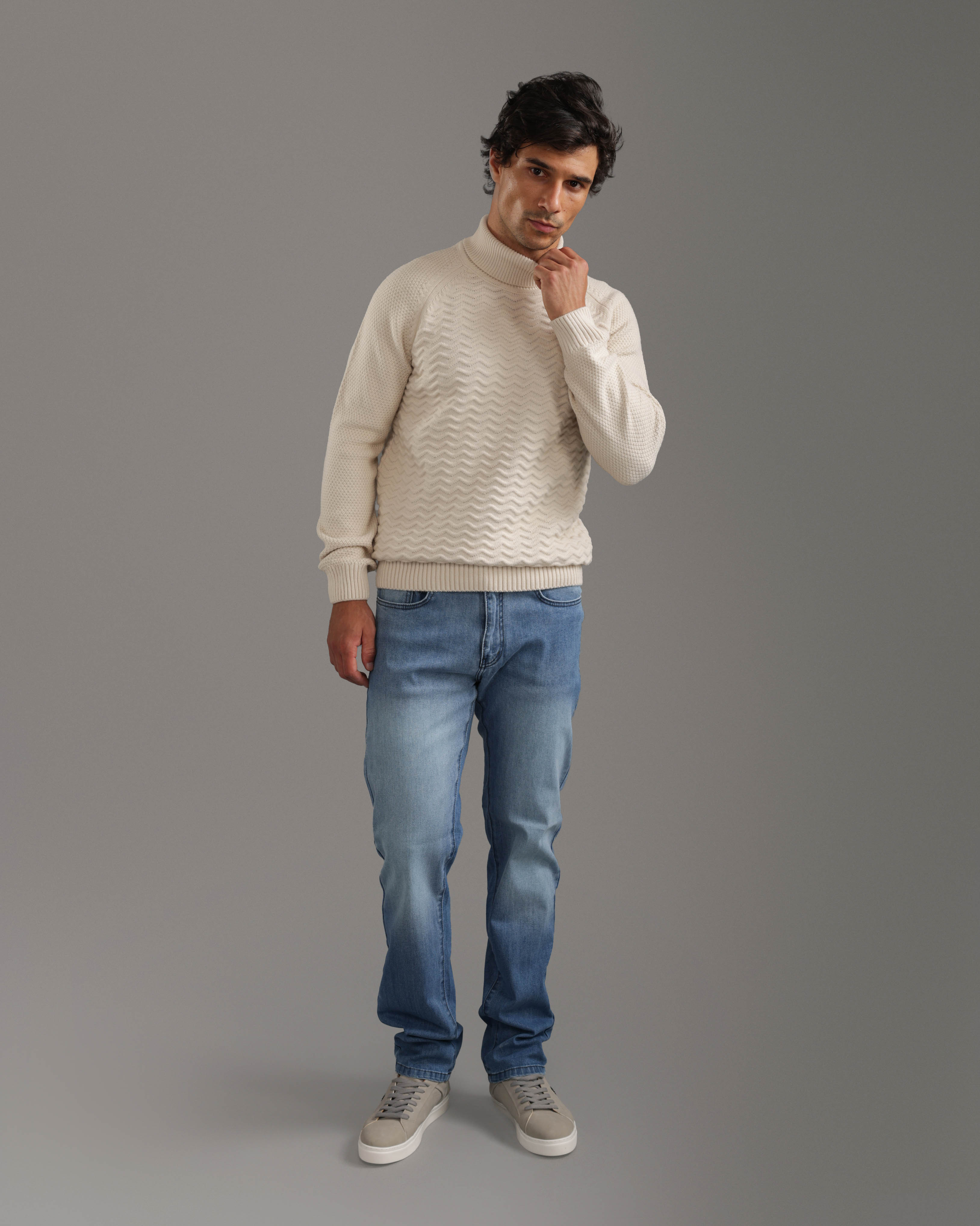 Beige Textured Turtleneck Pullover