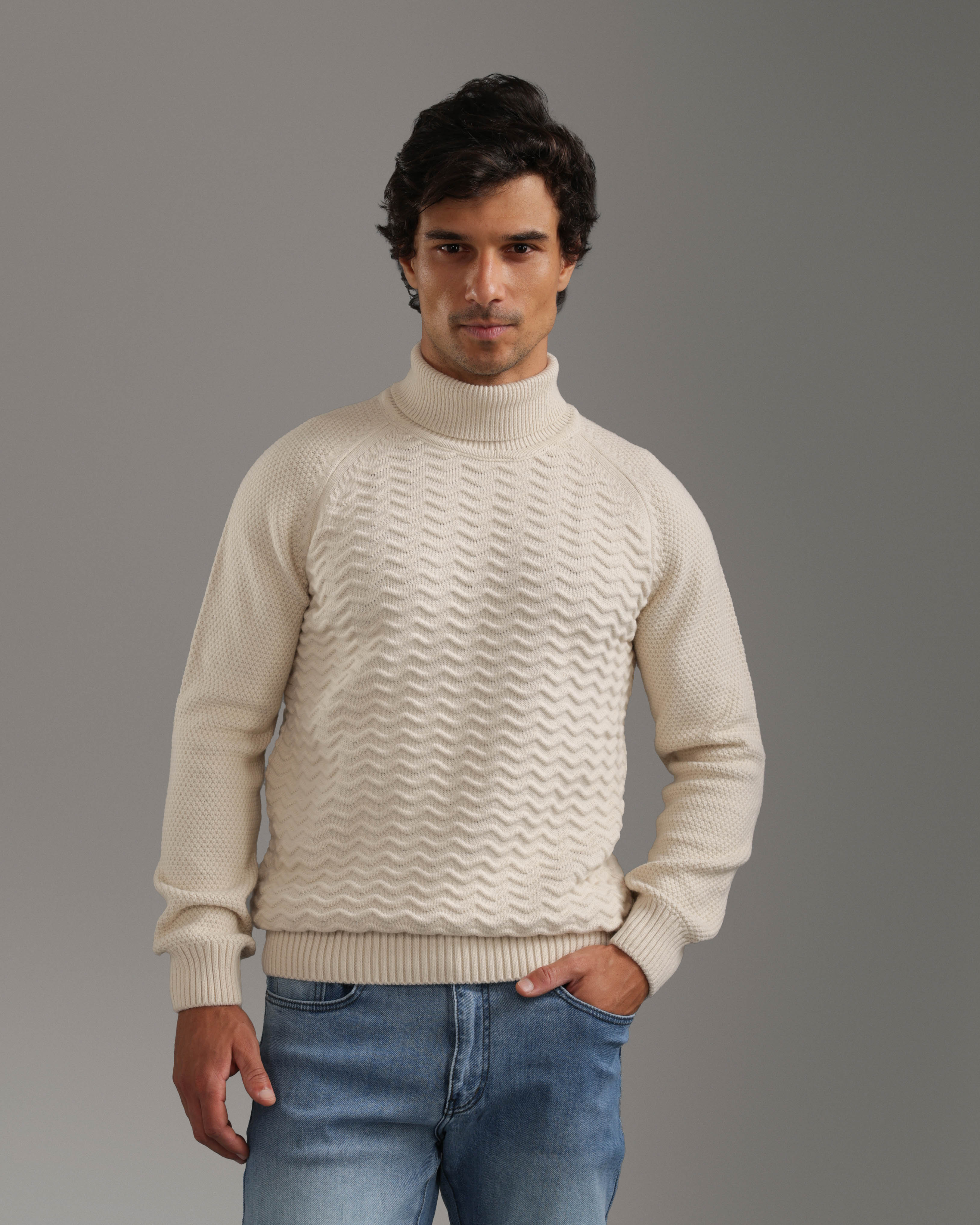 Beige Textured Turtleneck Pullover