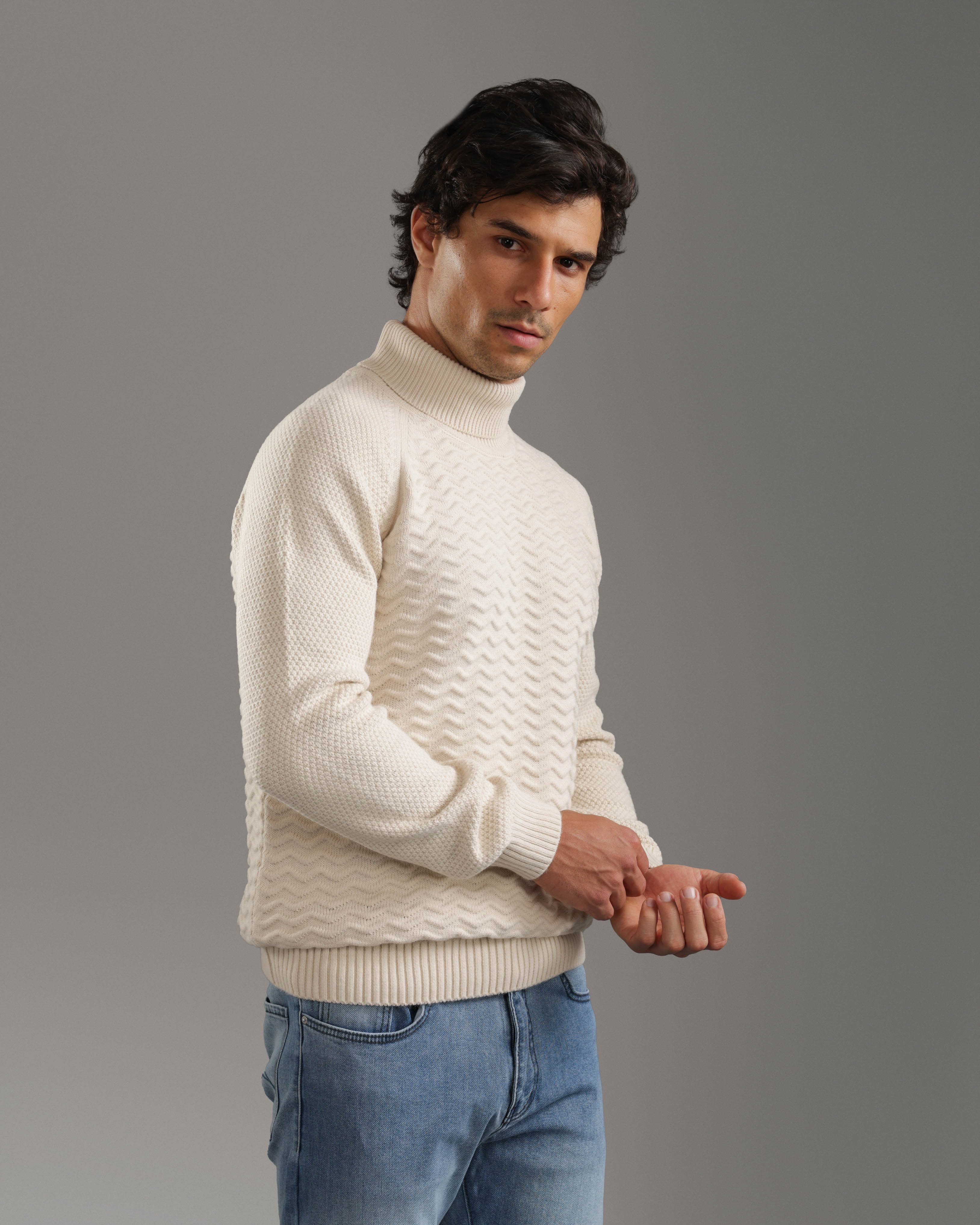 Beige Textured Turtleneck Pullover