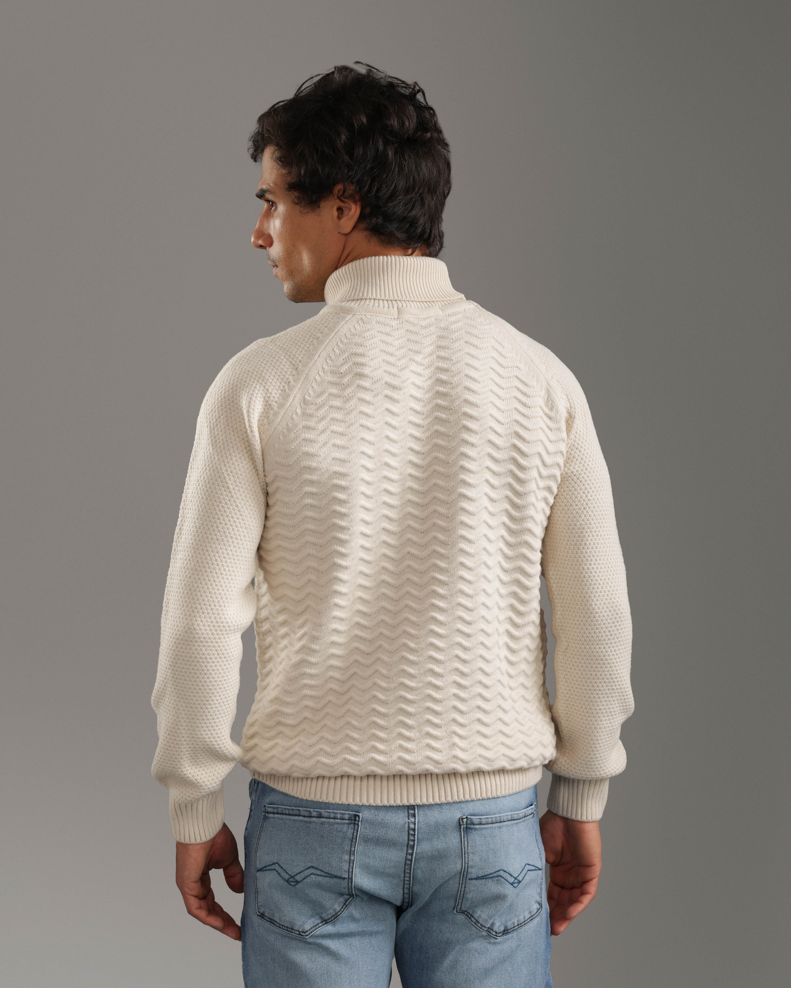 Beige Textured Turtleneck Pullover
