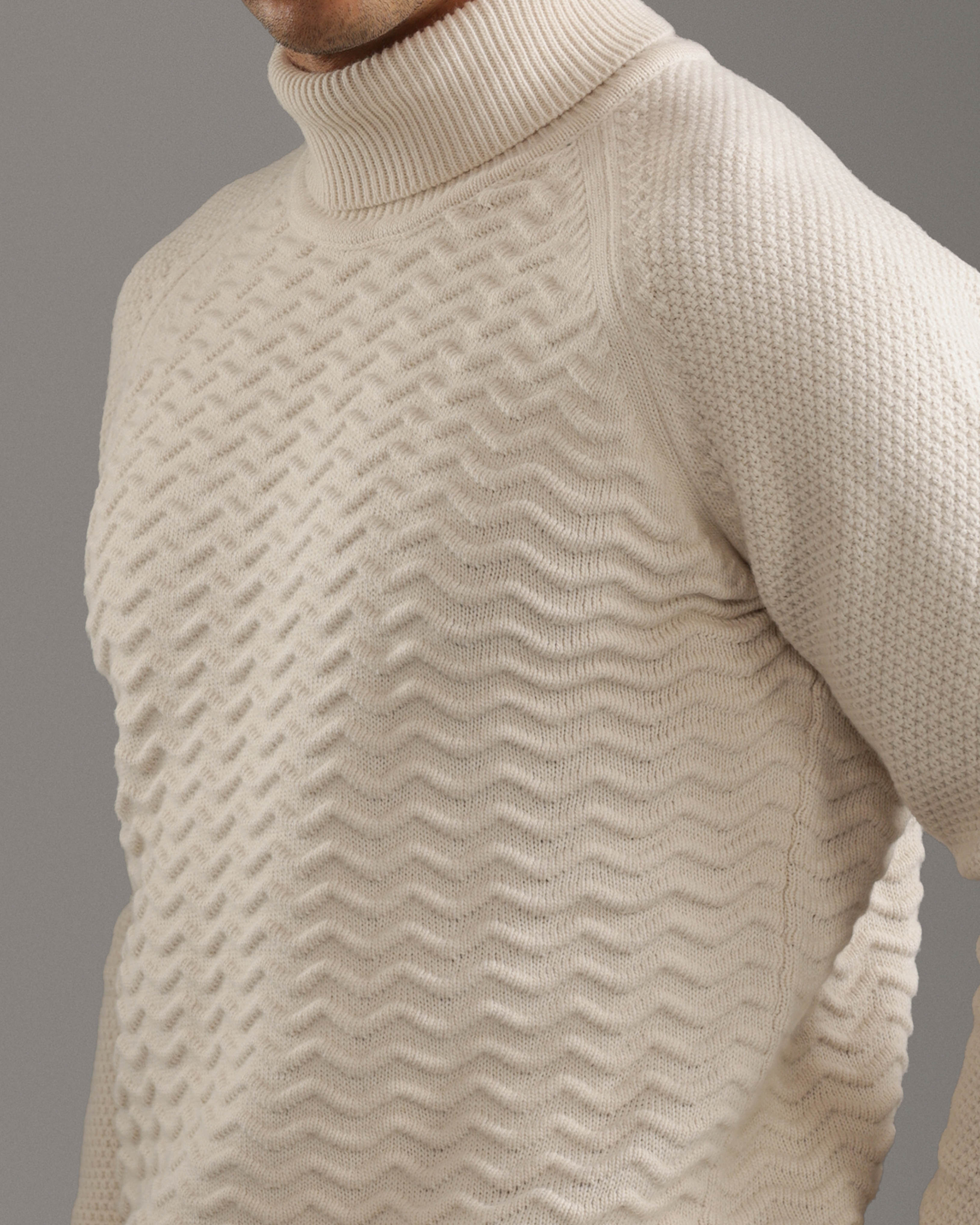 Beige Textured Turtleneck Pullover