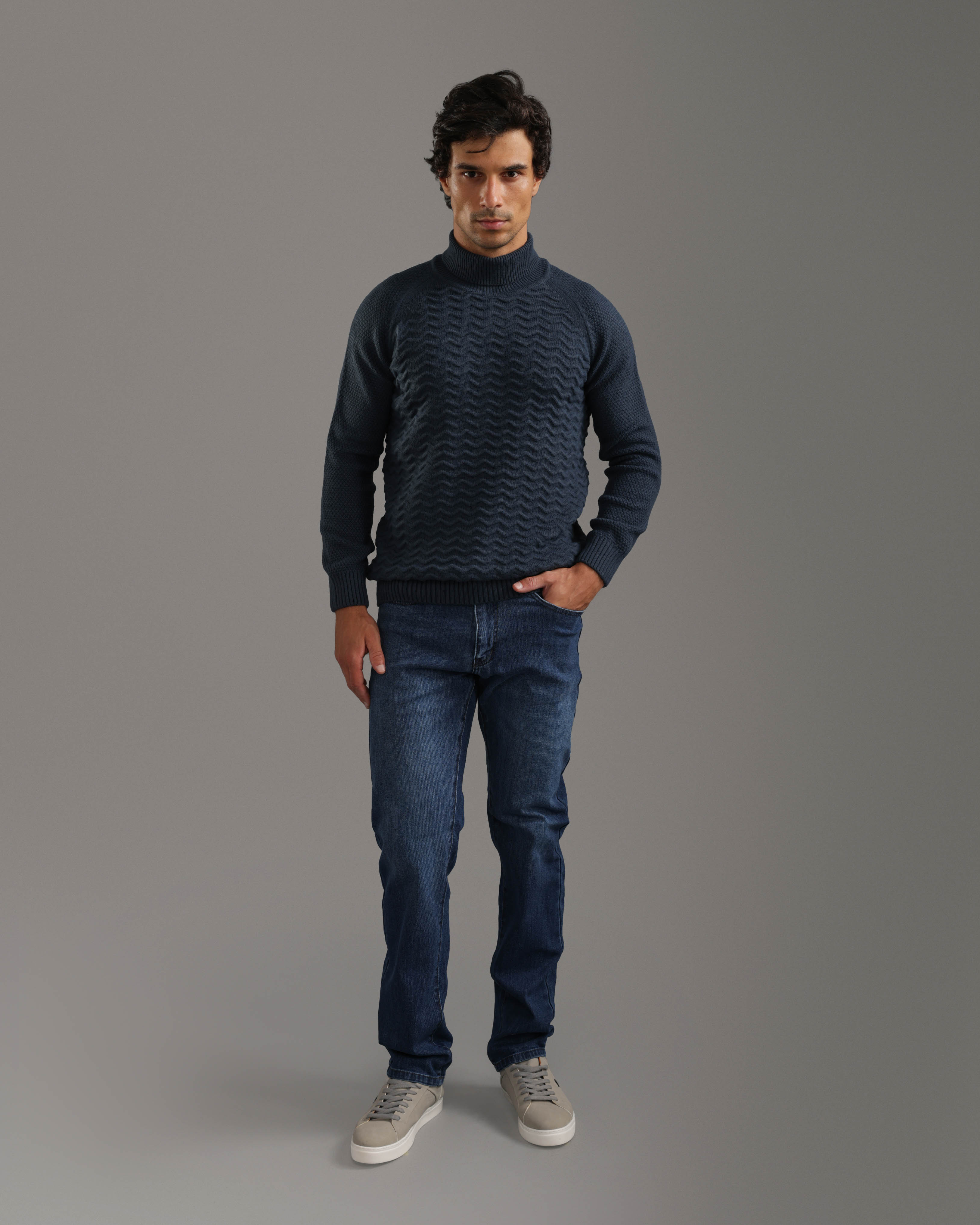 Indigo Wave Textured Turtleneck Pullover