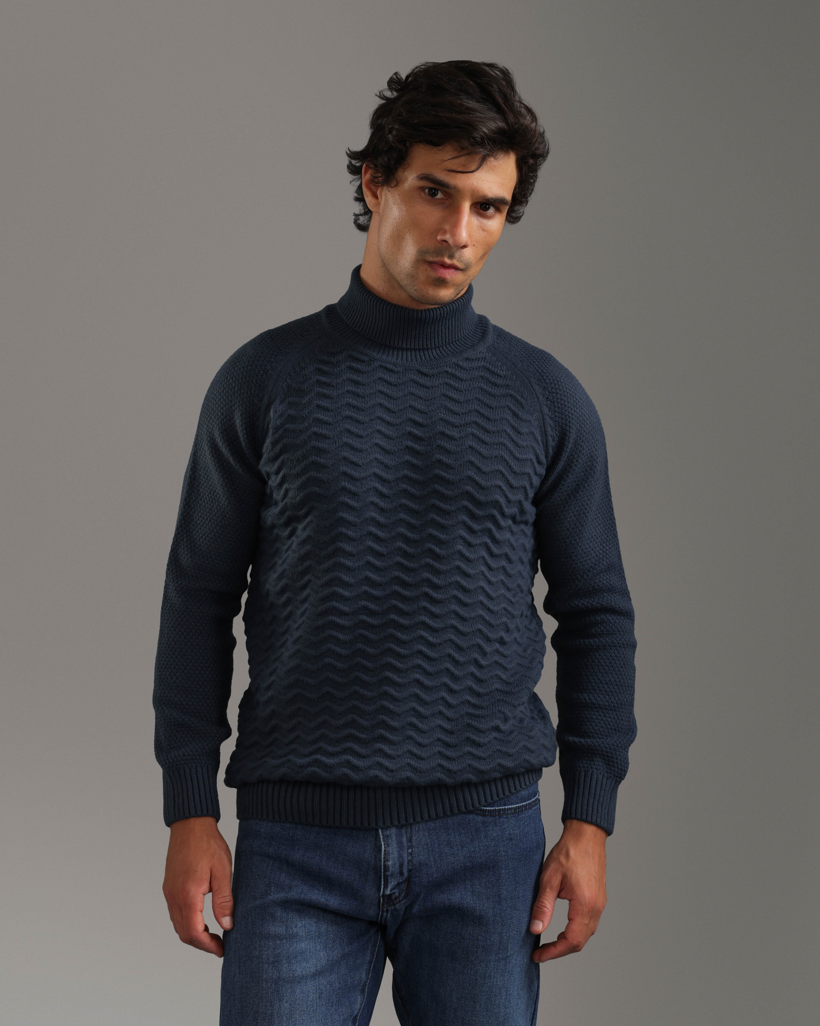 Indigo Wave Textured Turtleneck Pullover