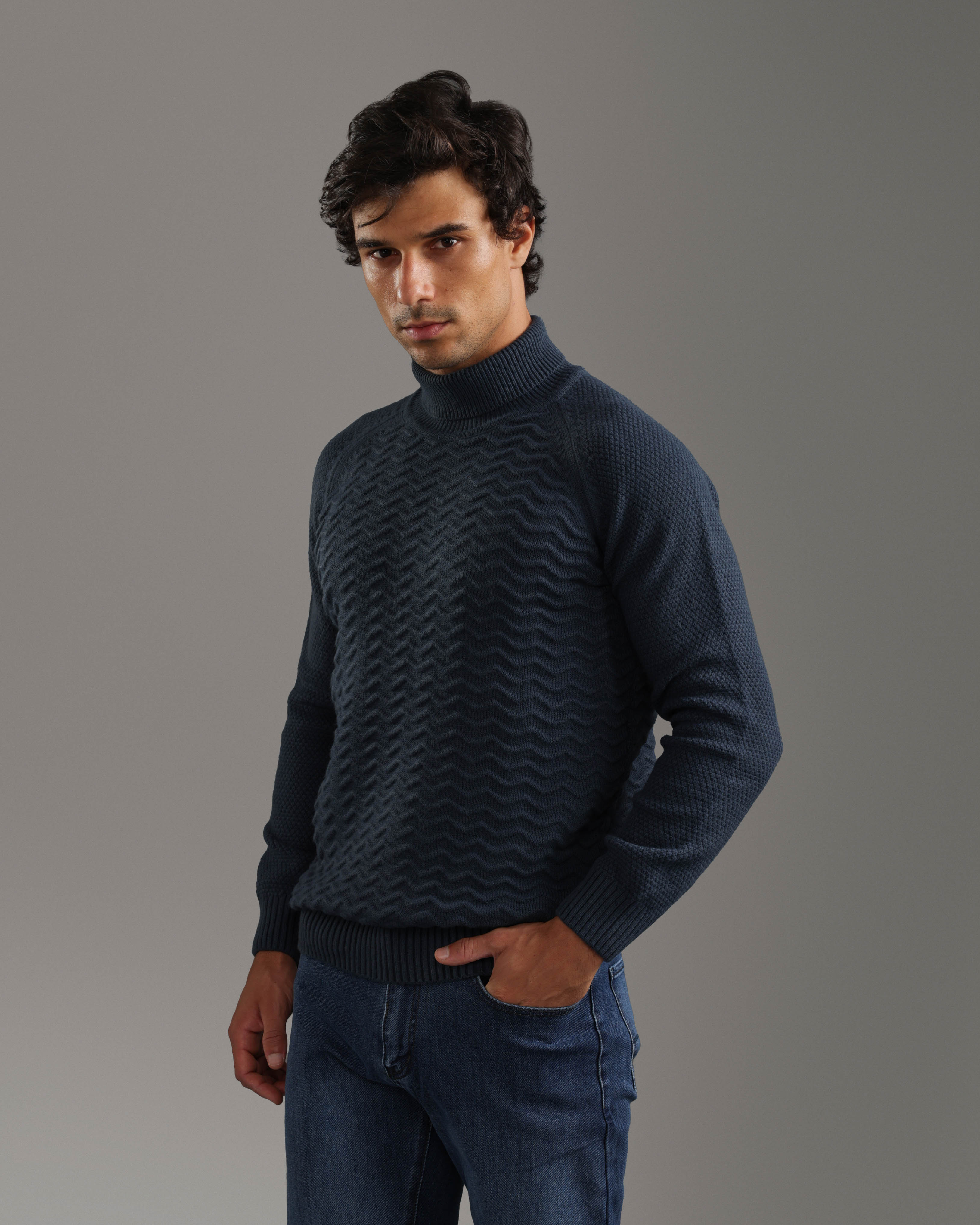 Indigo Wave Textured Turtleneck Pullover