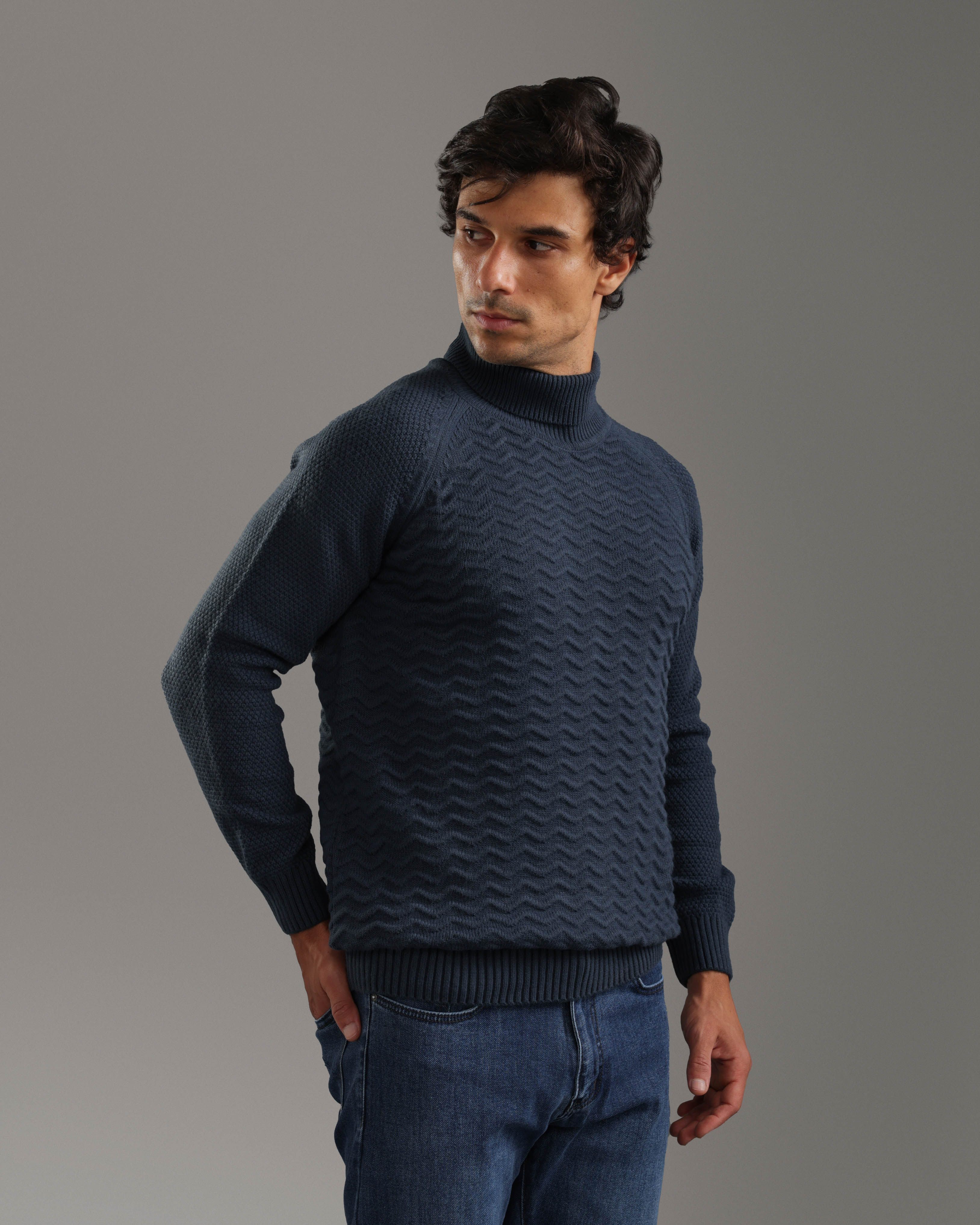 Indigo Wave Textured Turtleneck Pullover