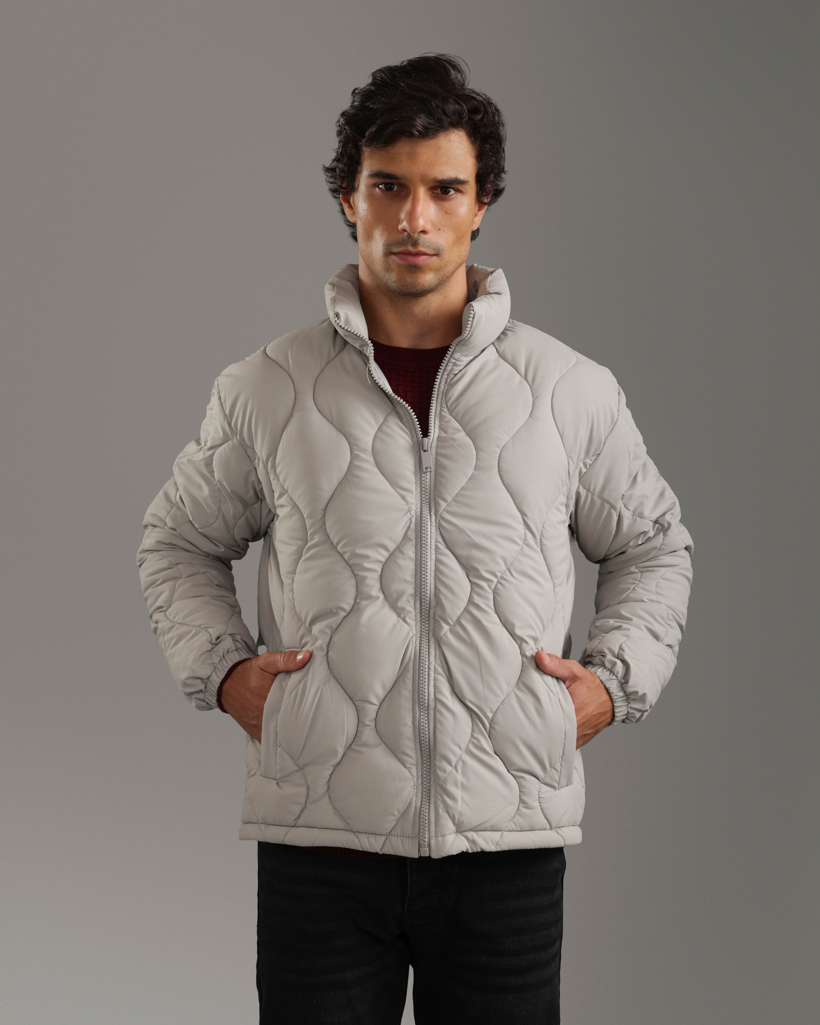 Light Stone Grey Quilted Puffer Jacket