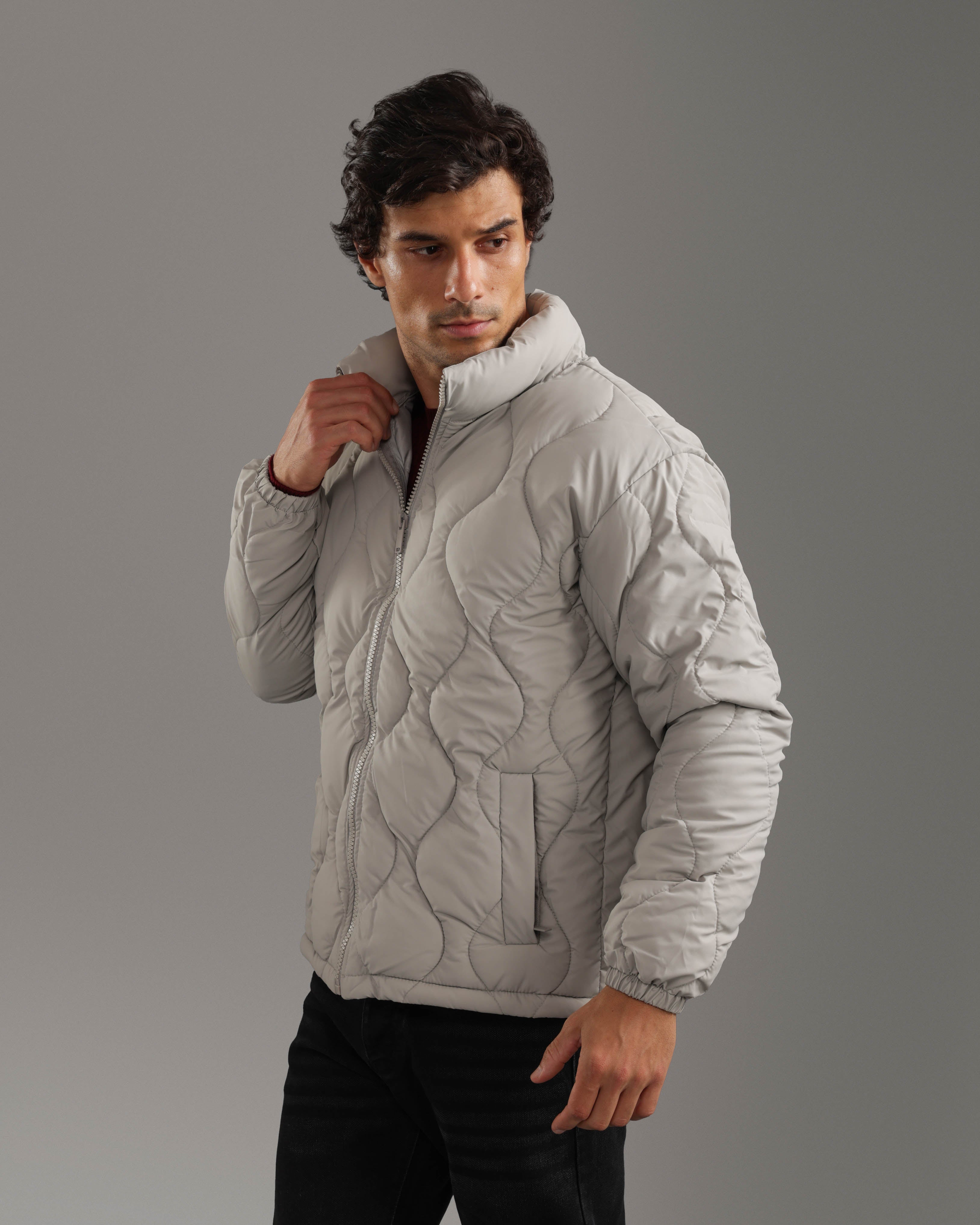 Light Stone Grey Quilted Puffer Jacket