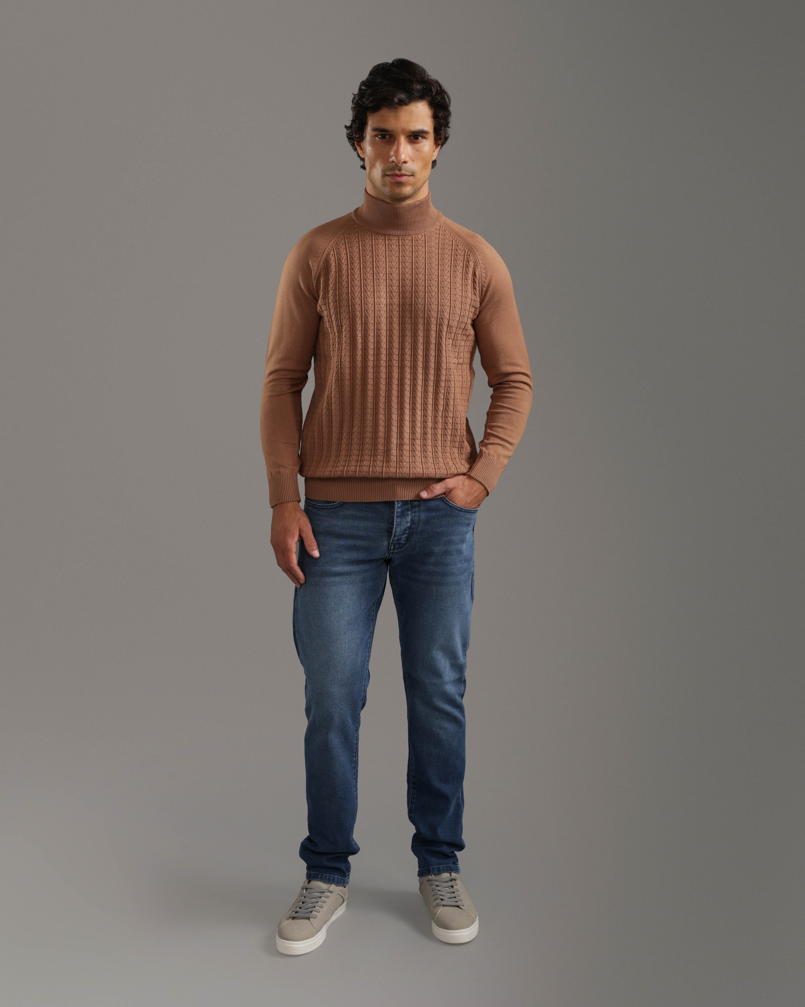 Camel Cable Knit Turtleneck Pullover