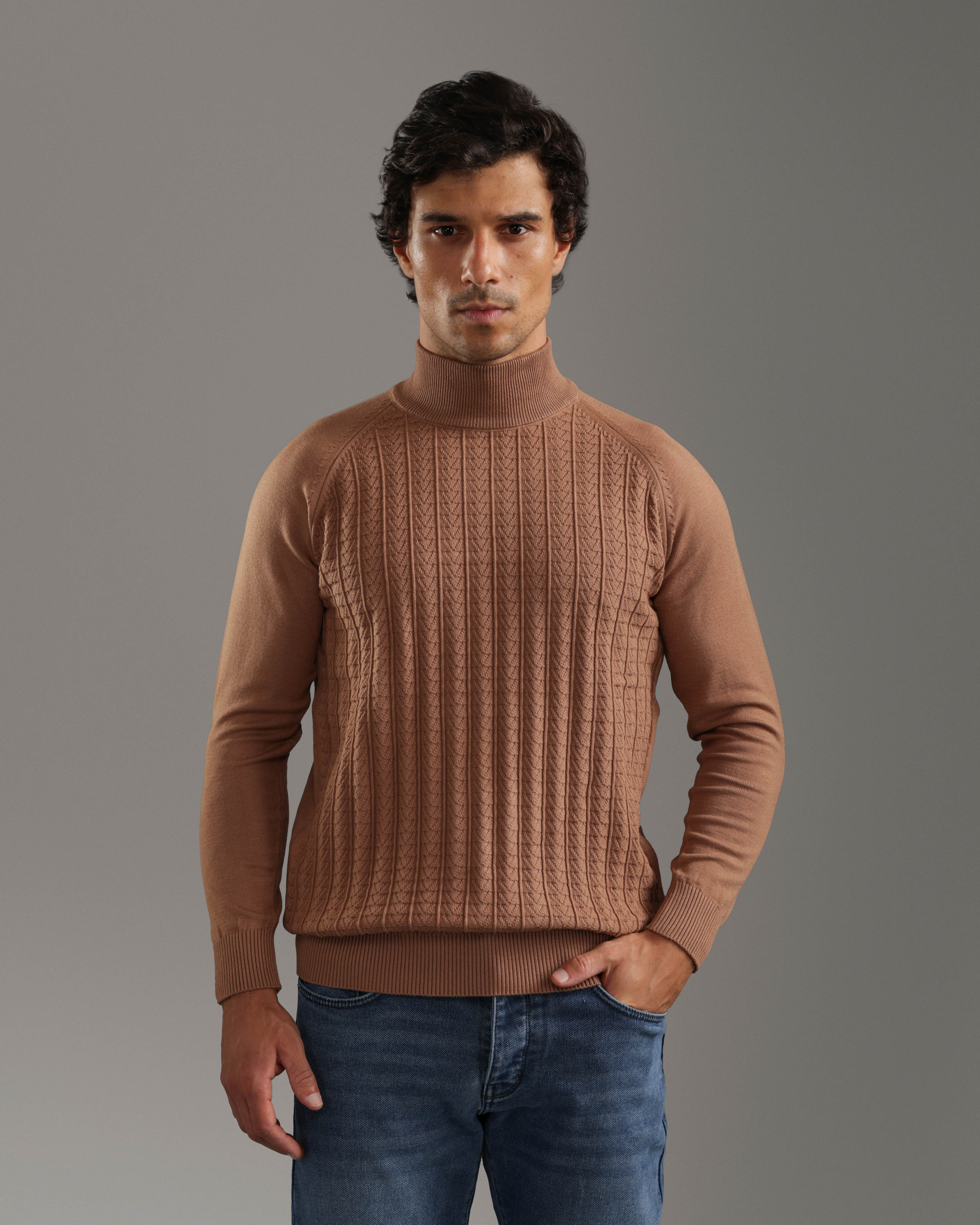 Camel Cable Knit Turtleneck Pullover