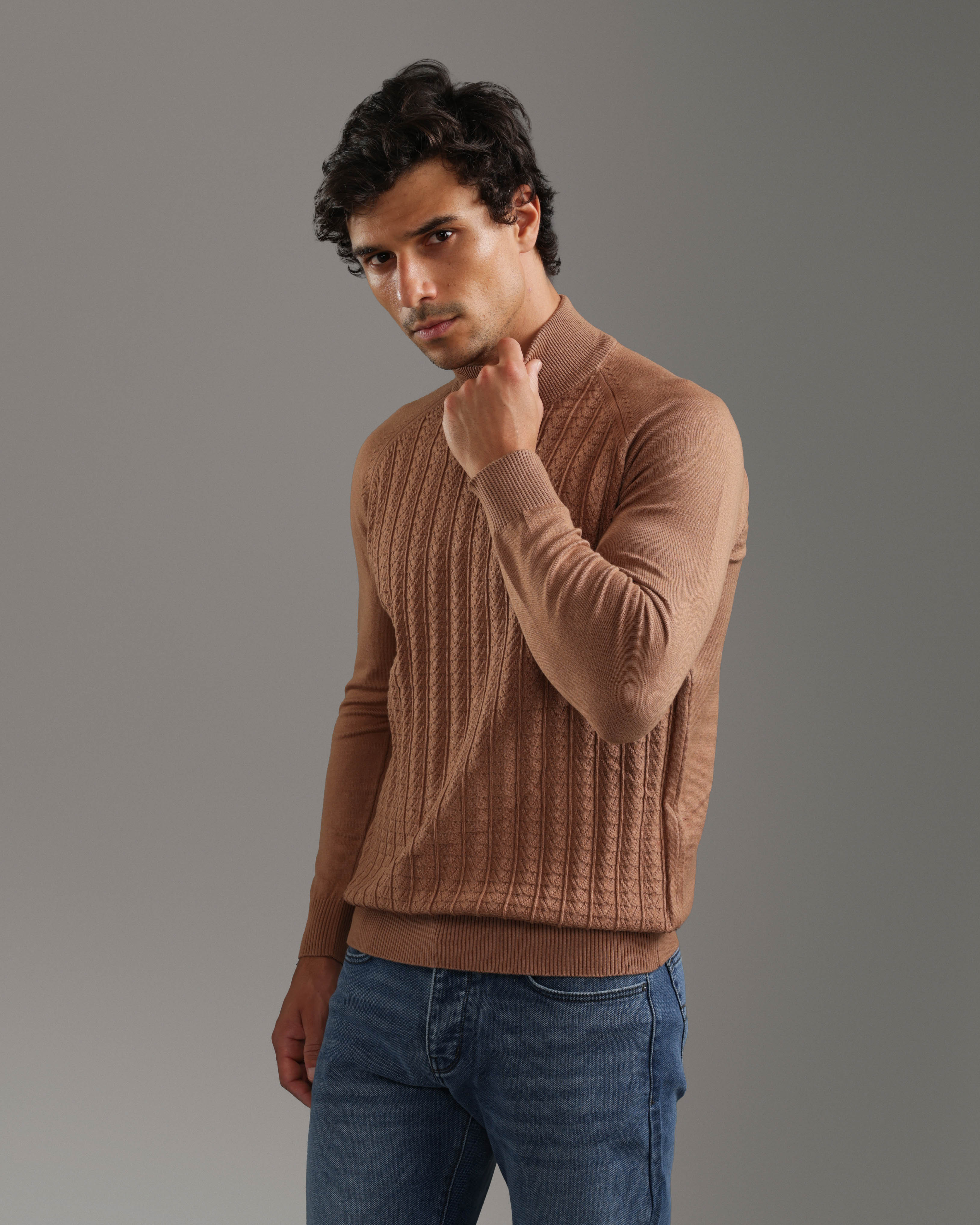 Camel Cable Knit Turtleneck Pullover