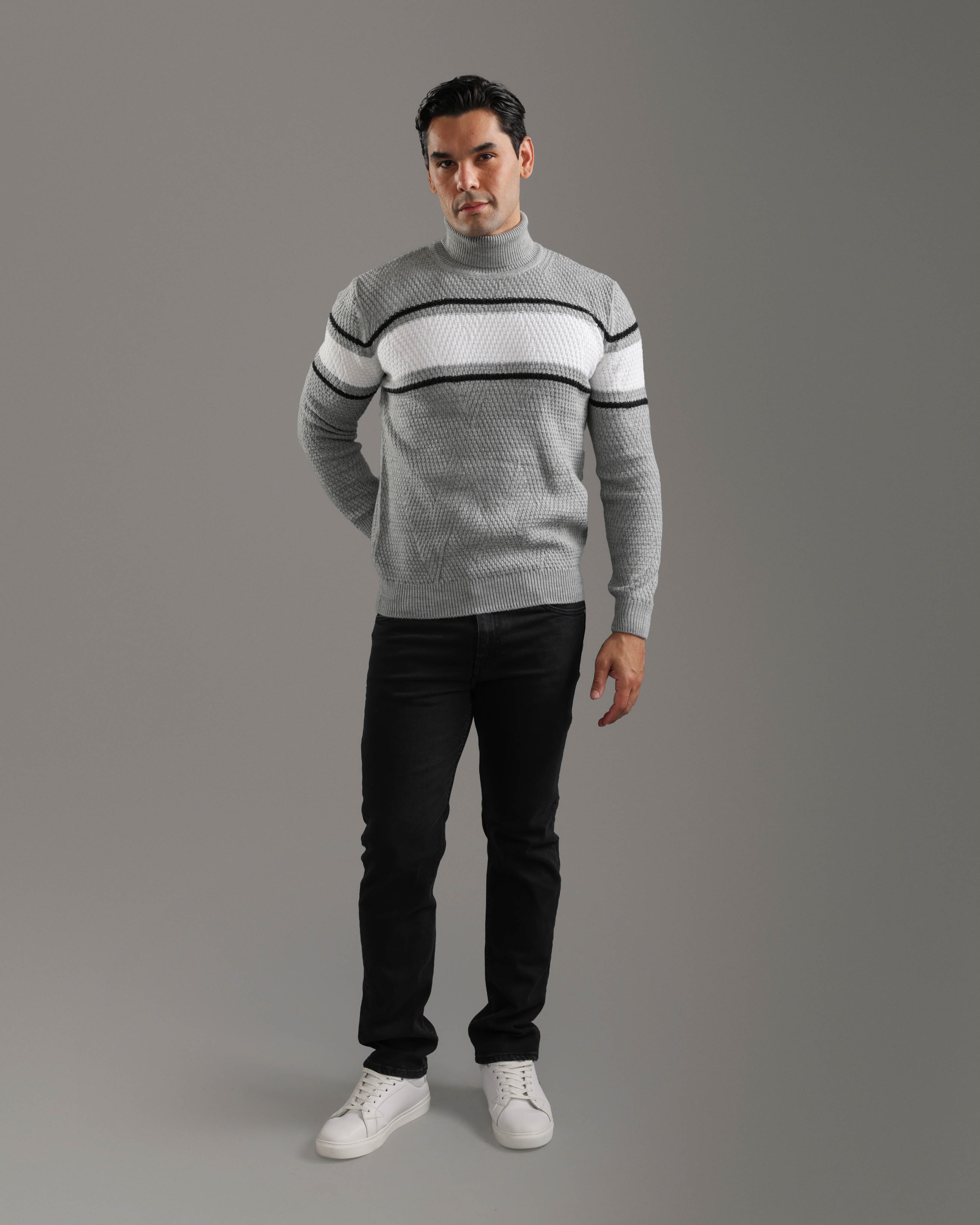 Grey & White Striped Turtleneck Pullover