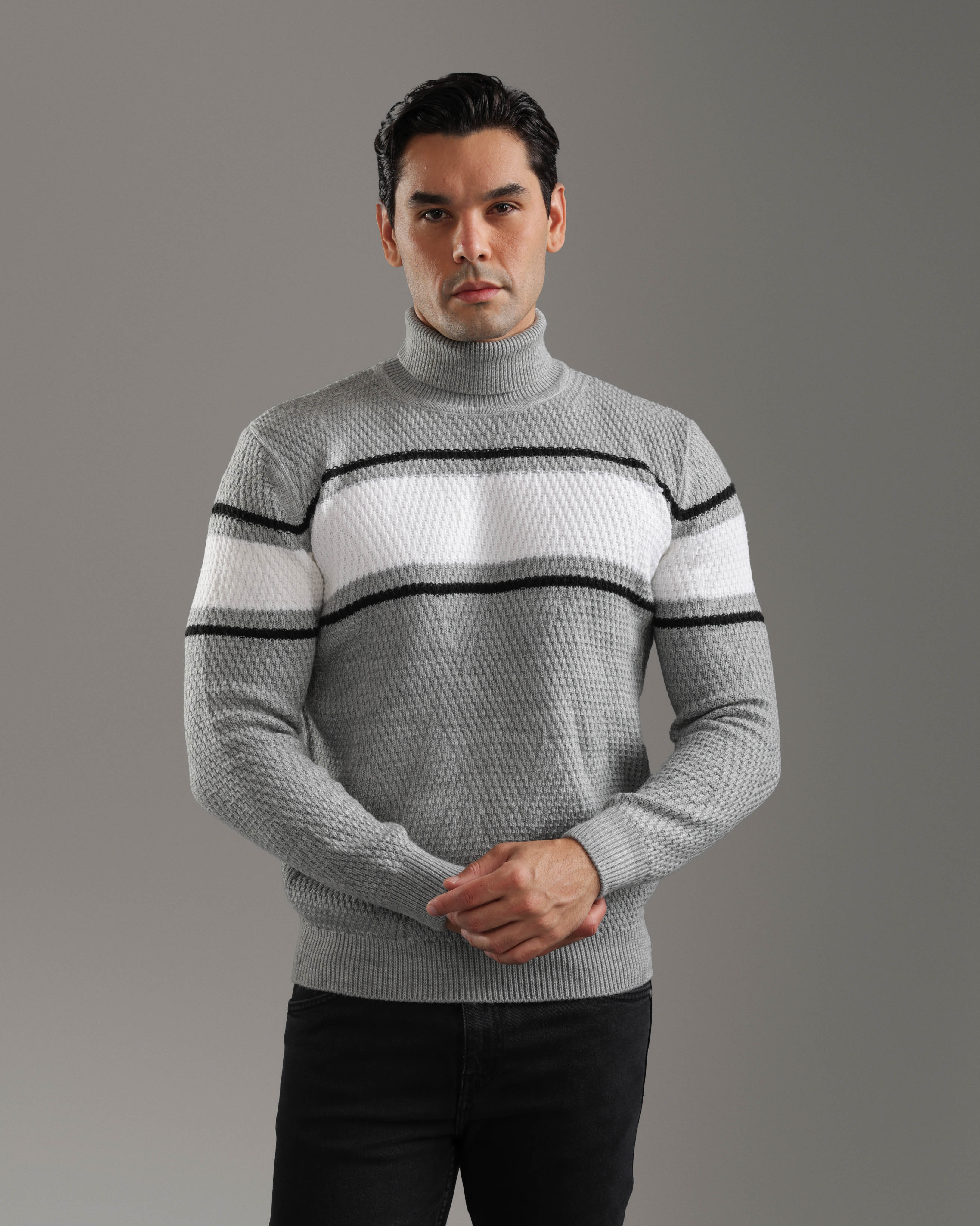 Grey & White Striped Turtleneck Pullover