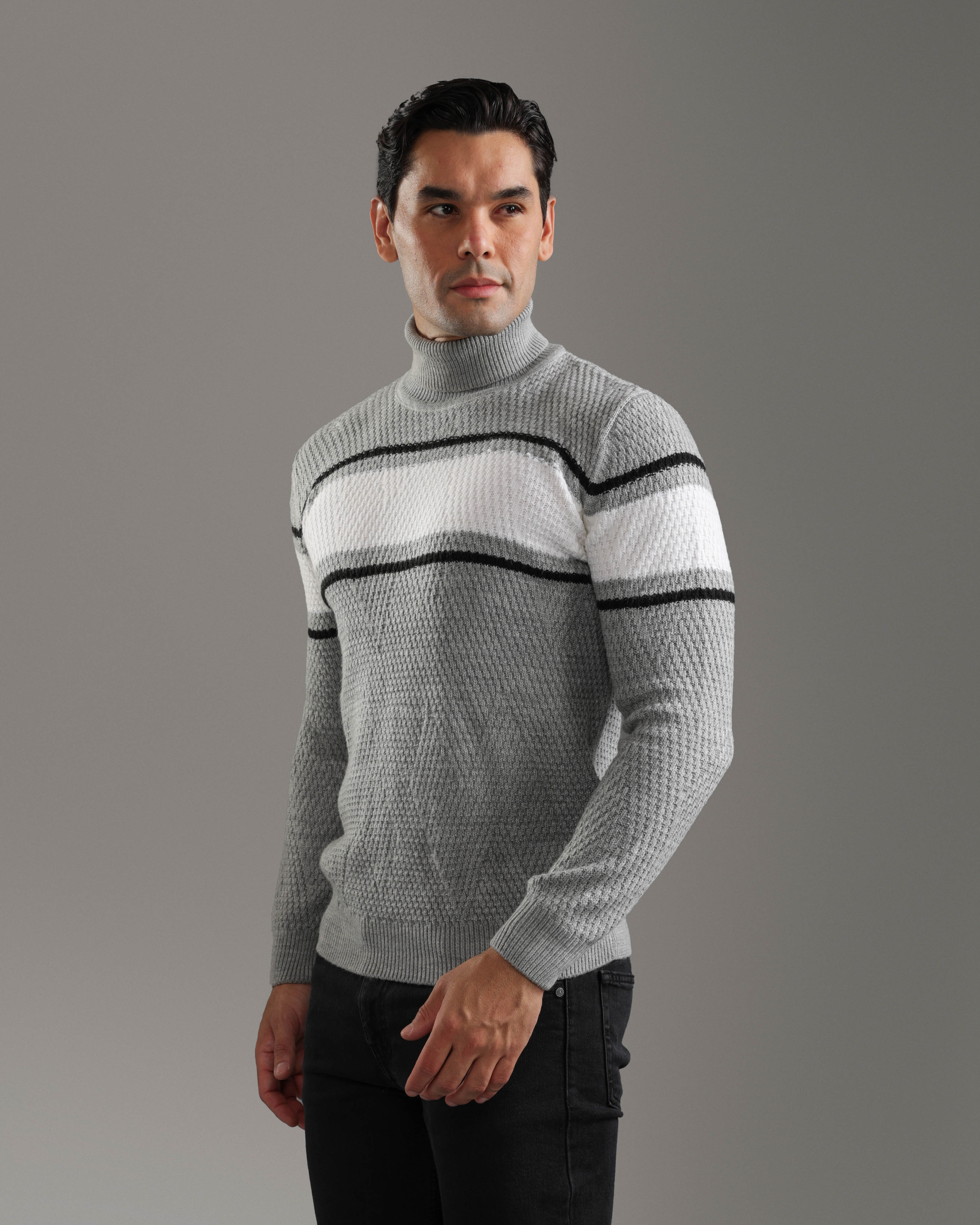 Grey & White Striped Turtleneck Pullover