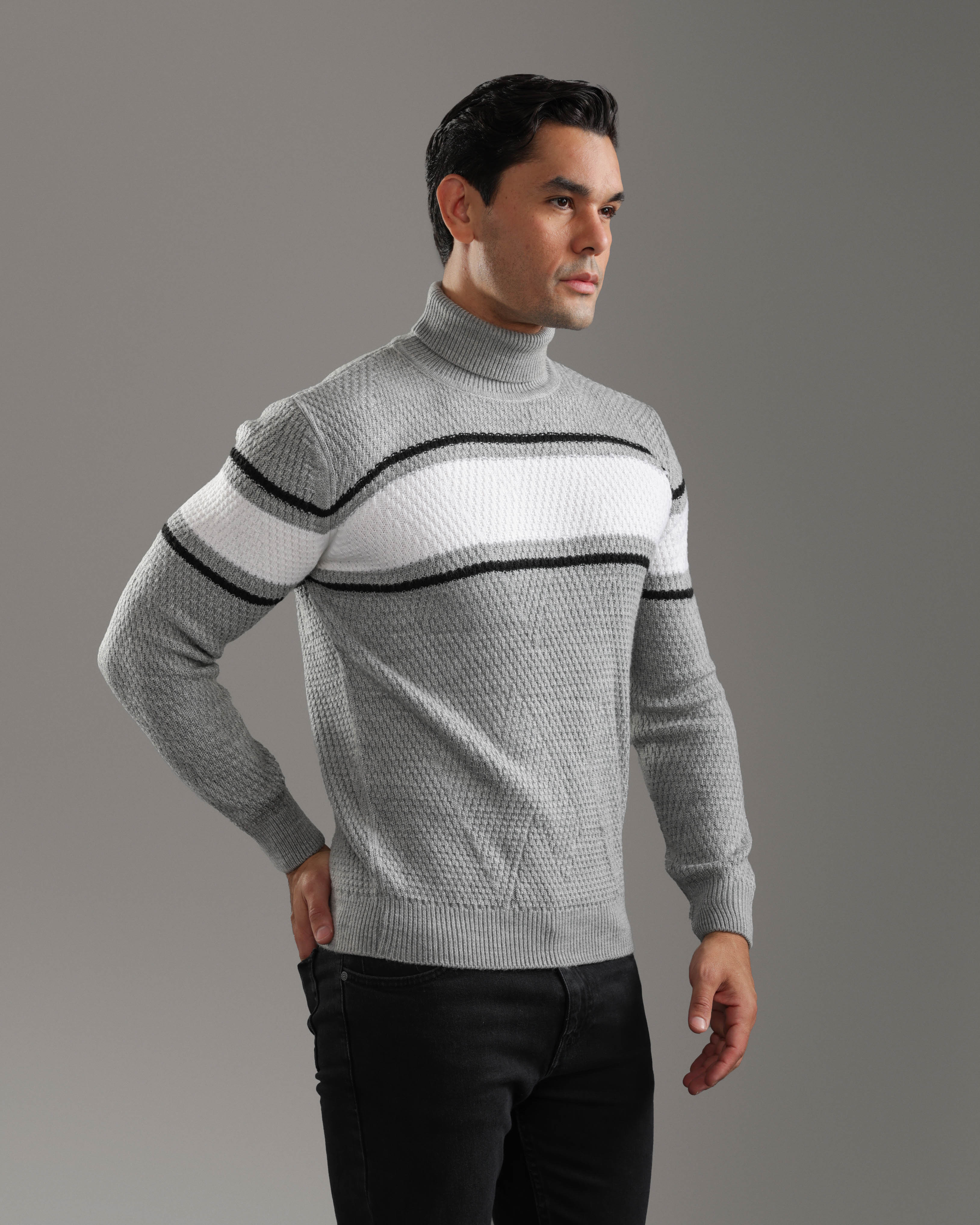 Grey & White Striped Turtleneck Pullover