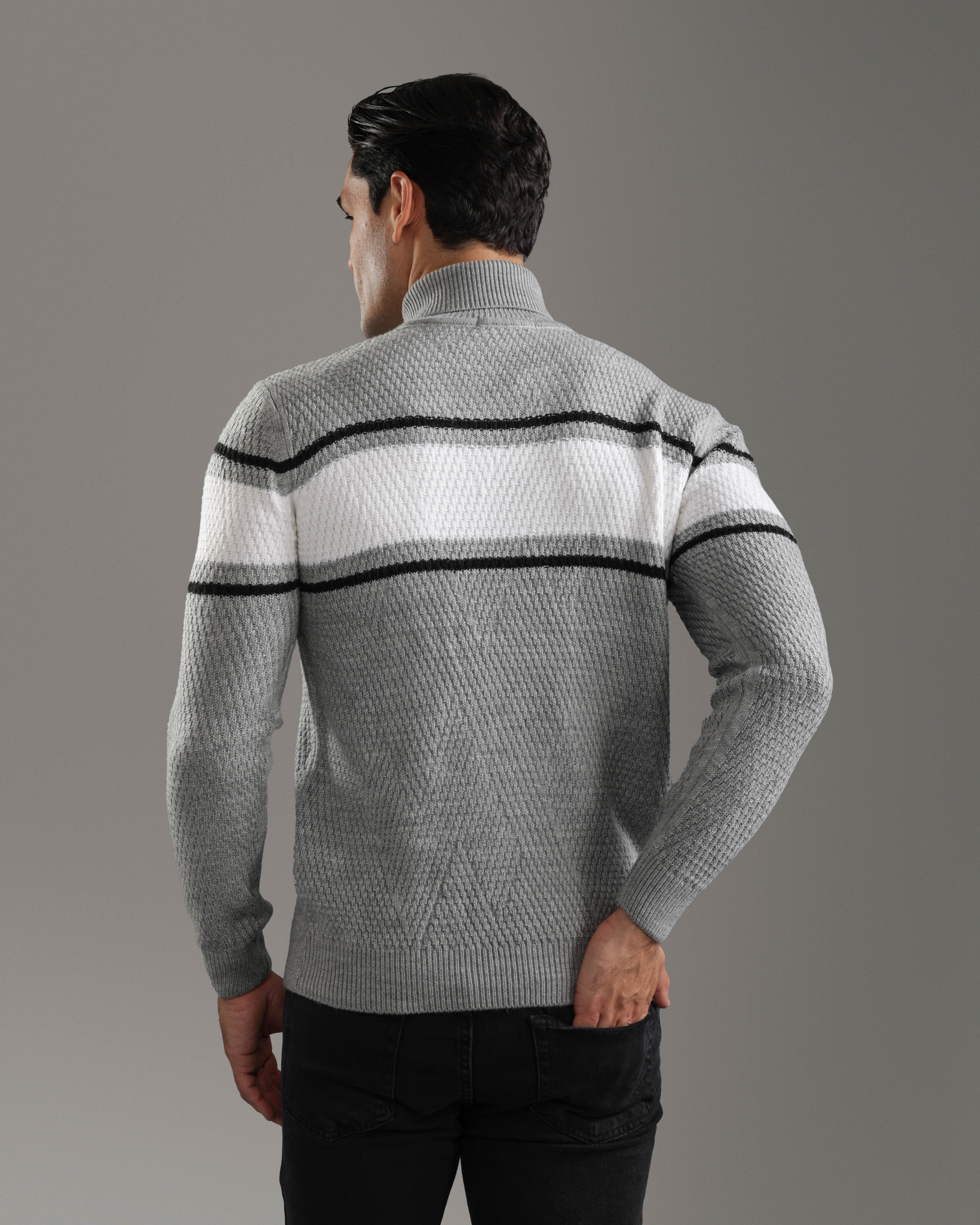 Grey & White Striped Turtleneck Pullover