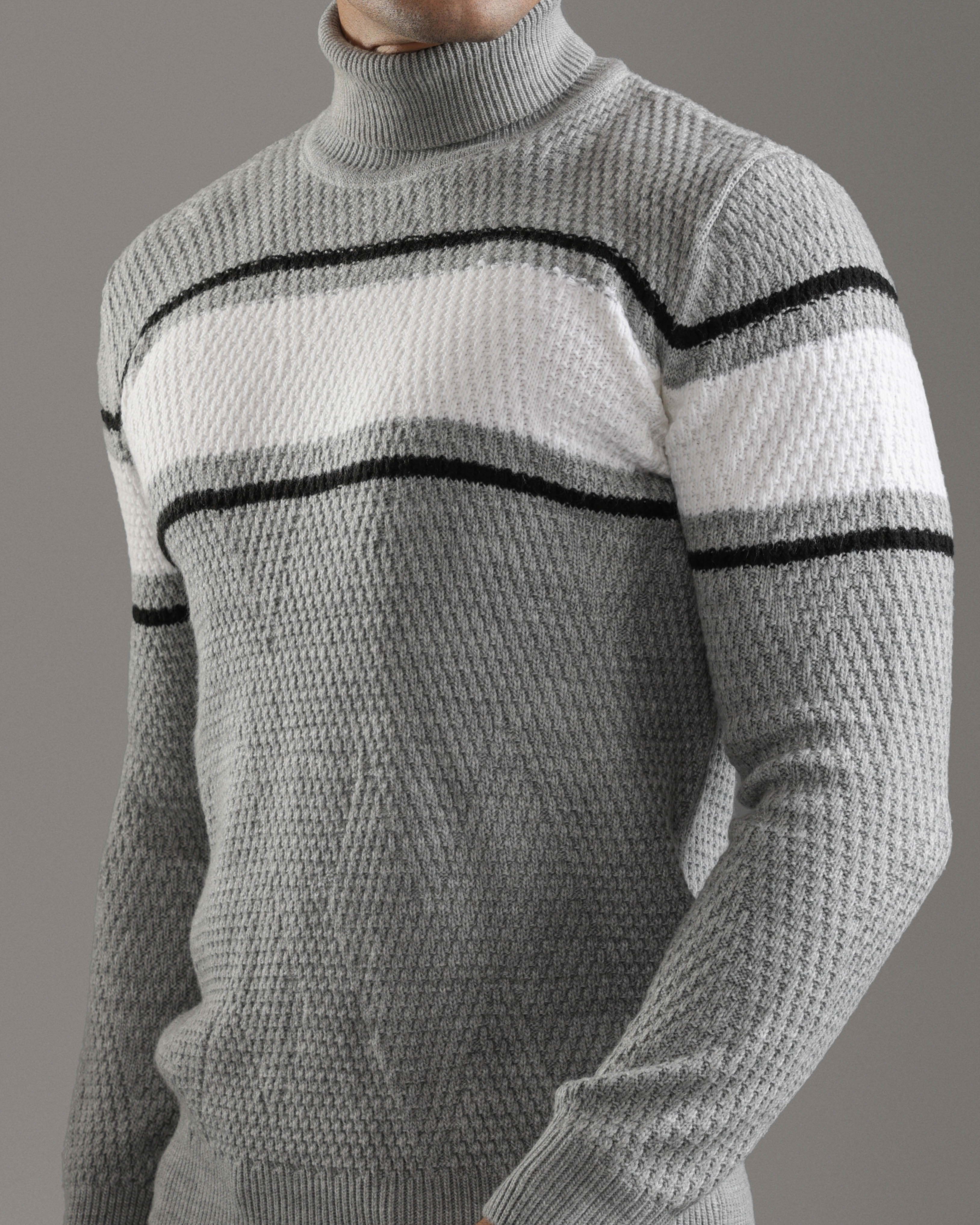 Grey & White Striped Turtleneck Pullover