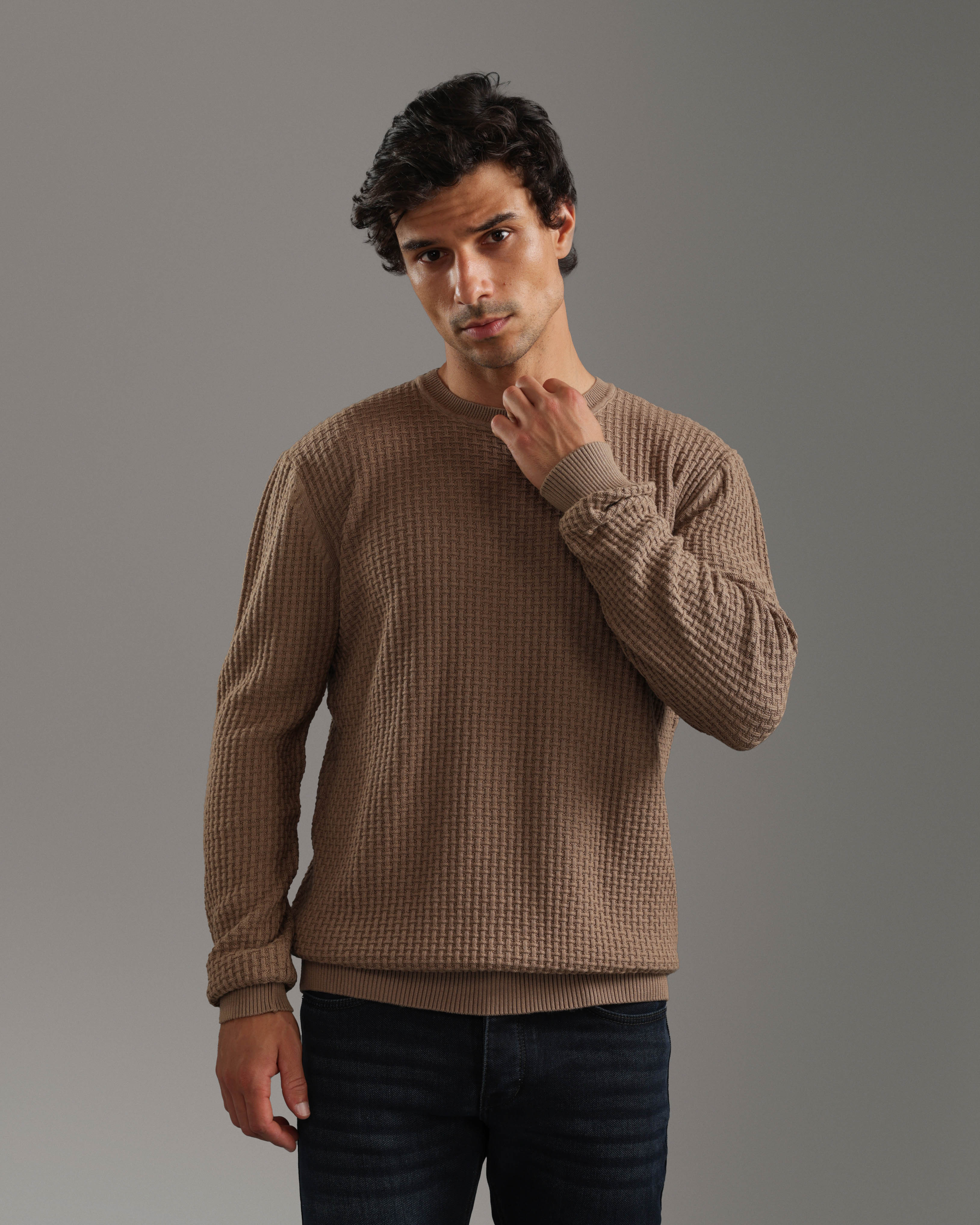 Beige Textured Knit Sweater