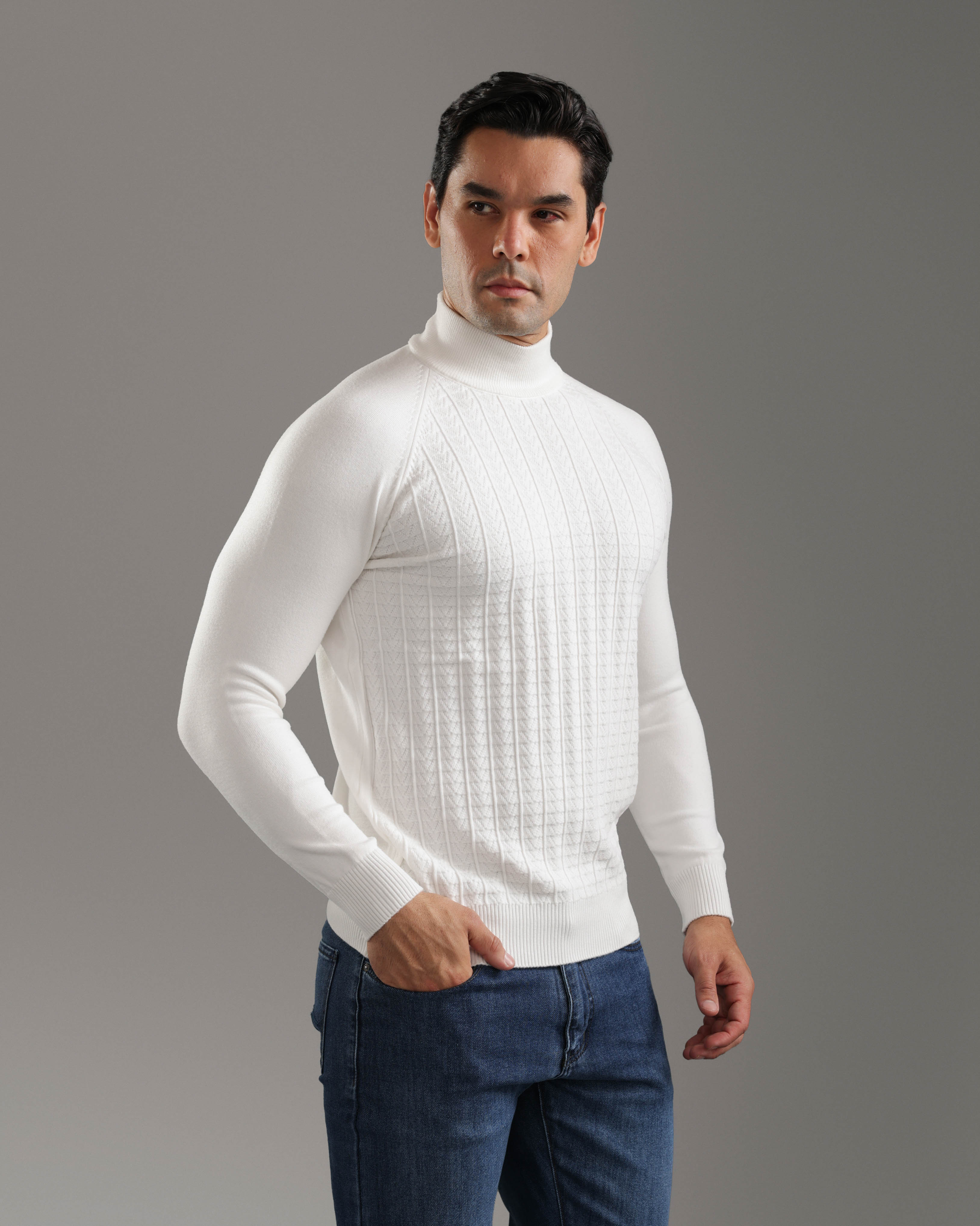 Off White Cable Knit Turtleneck Sweater