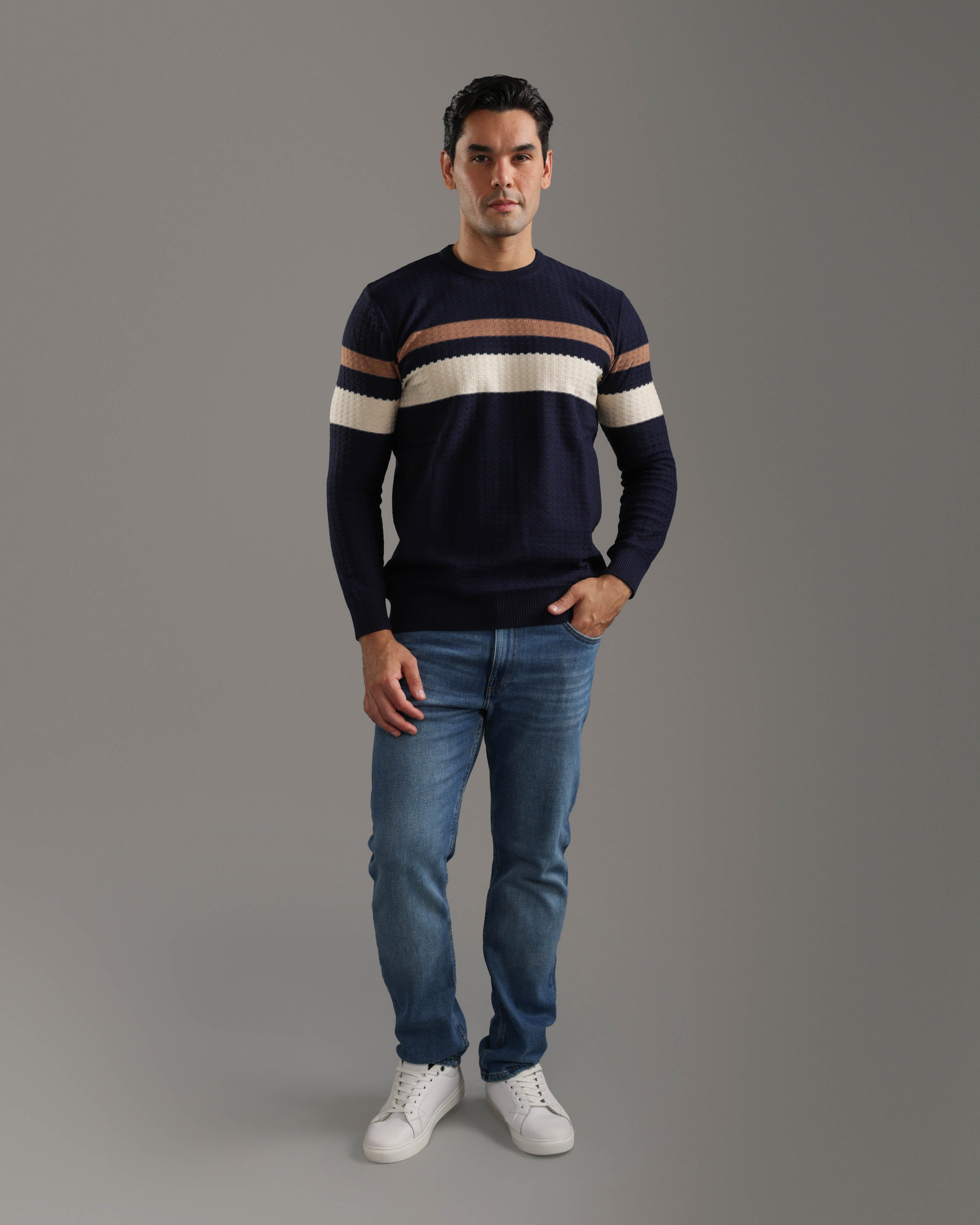 Navy Striped Textured Sweater