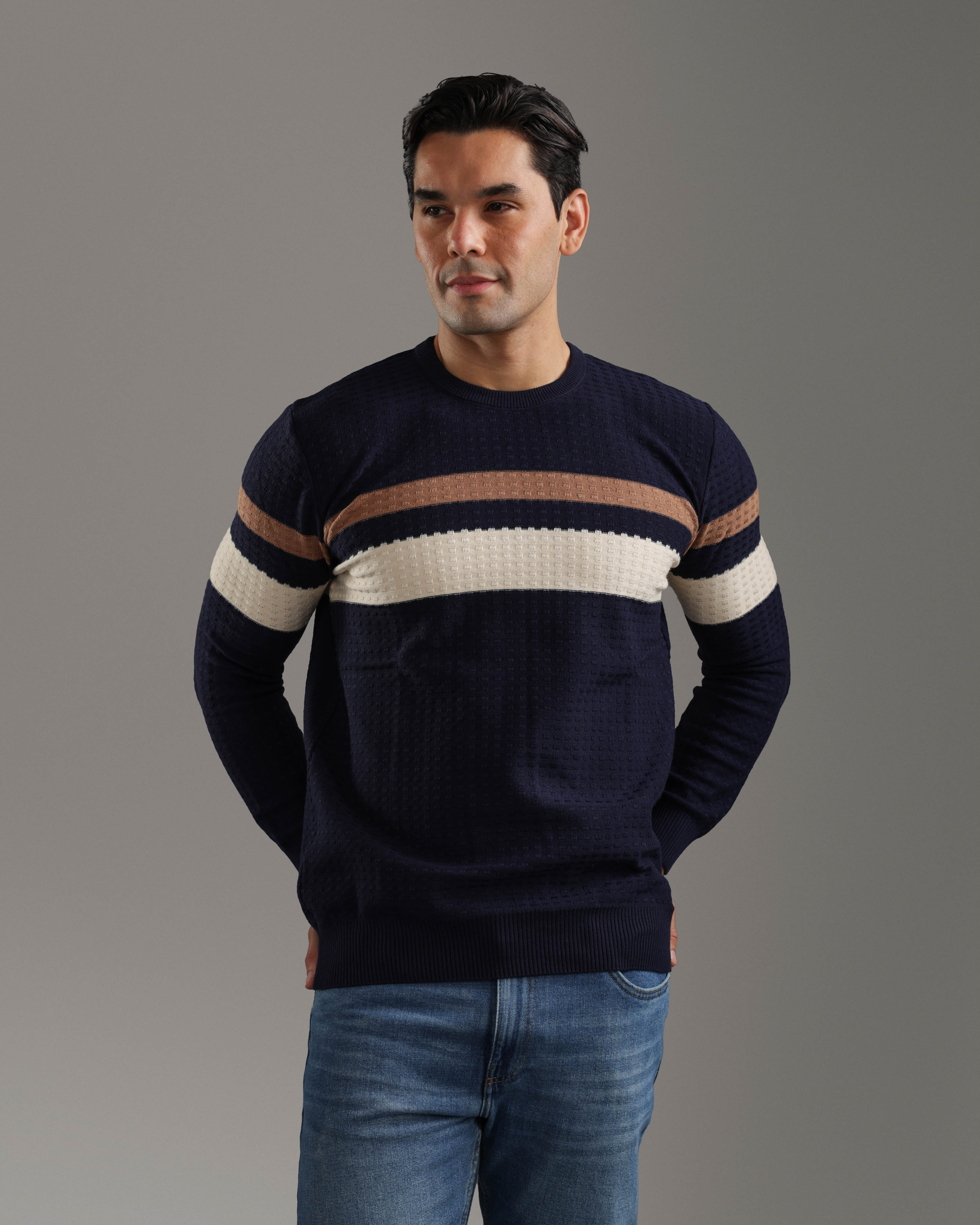 Navy Striped Textured Sweater