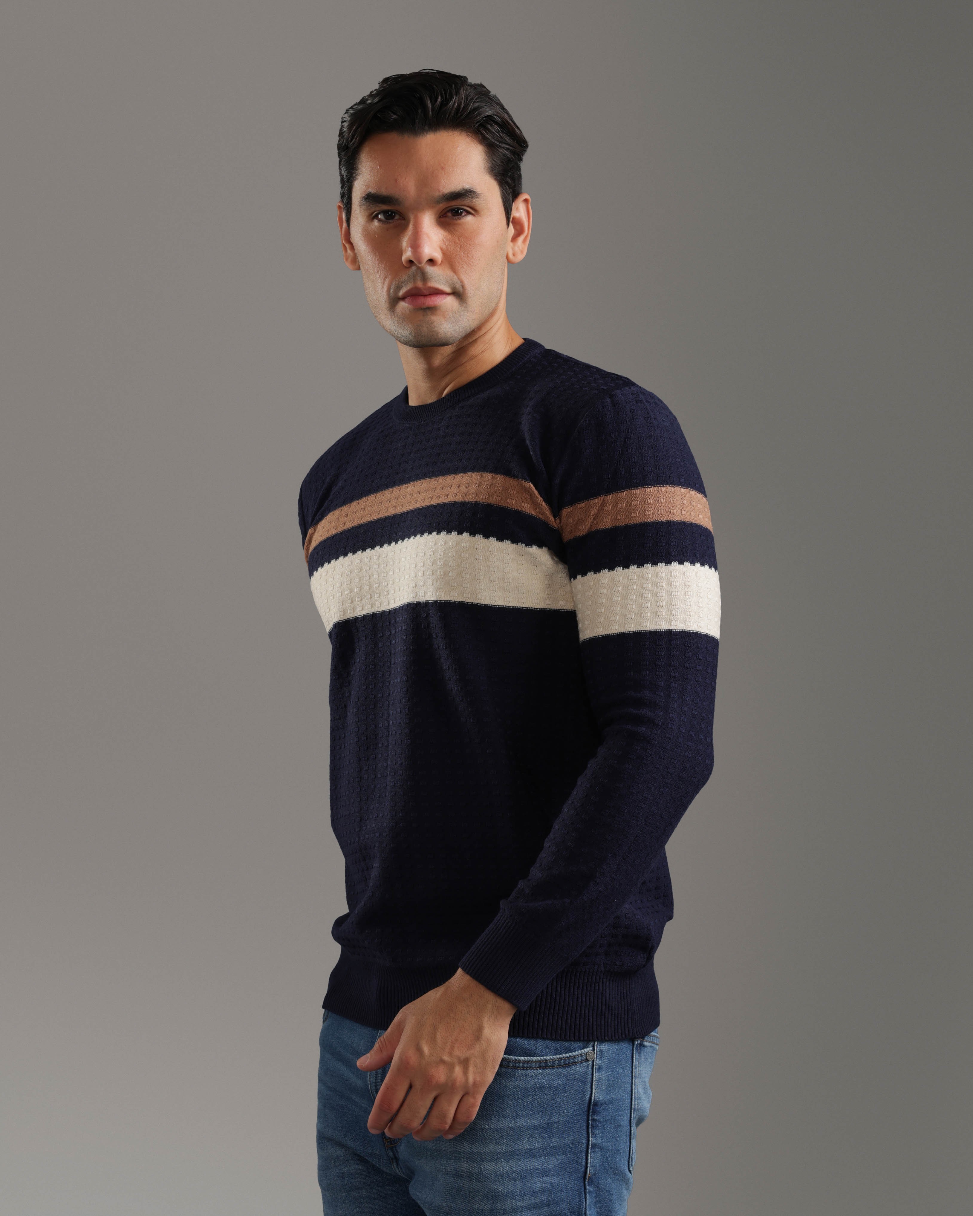 Navy Striped Textured Sweater