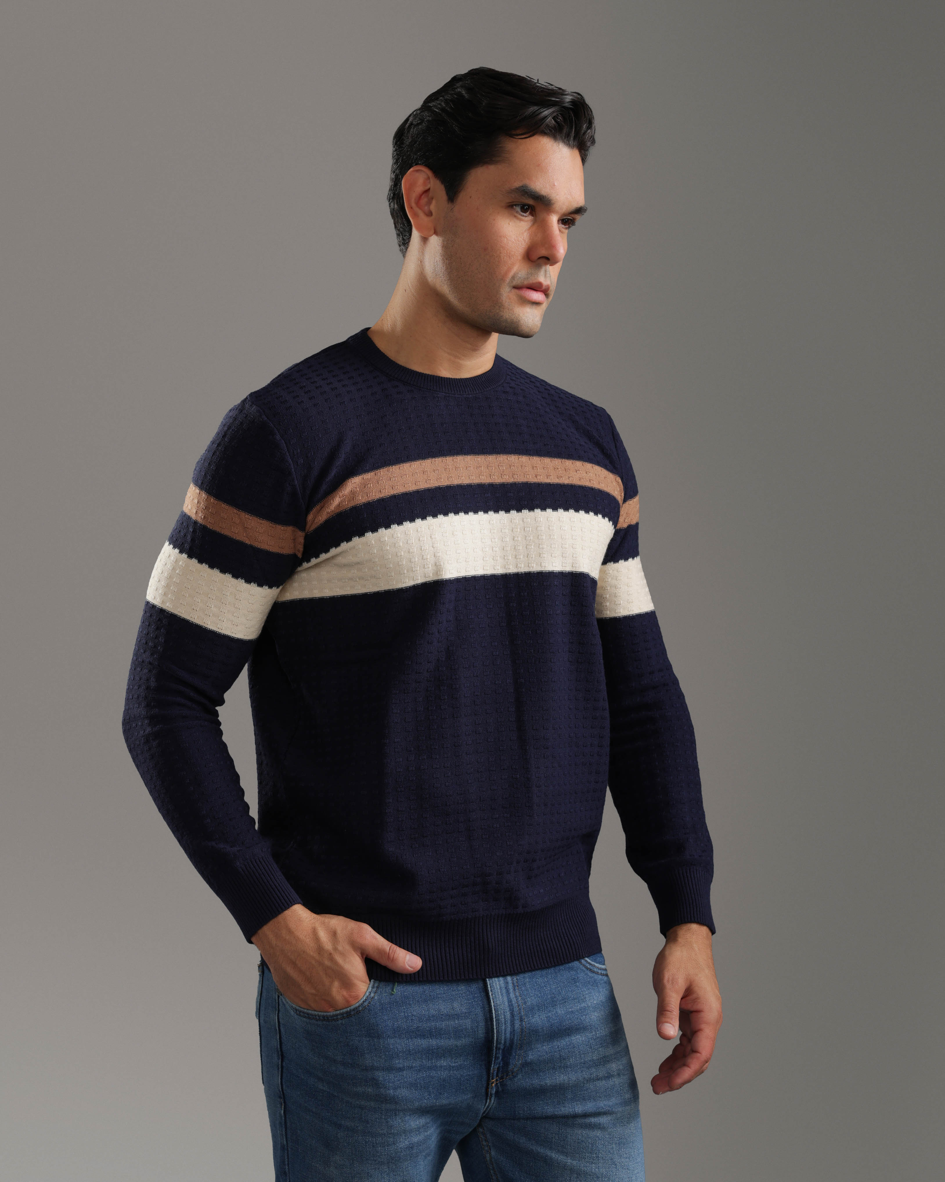 Navy Striped Textured Sweater