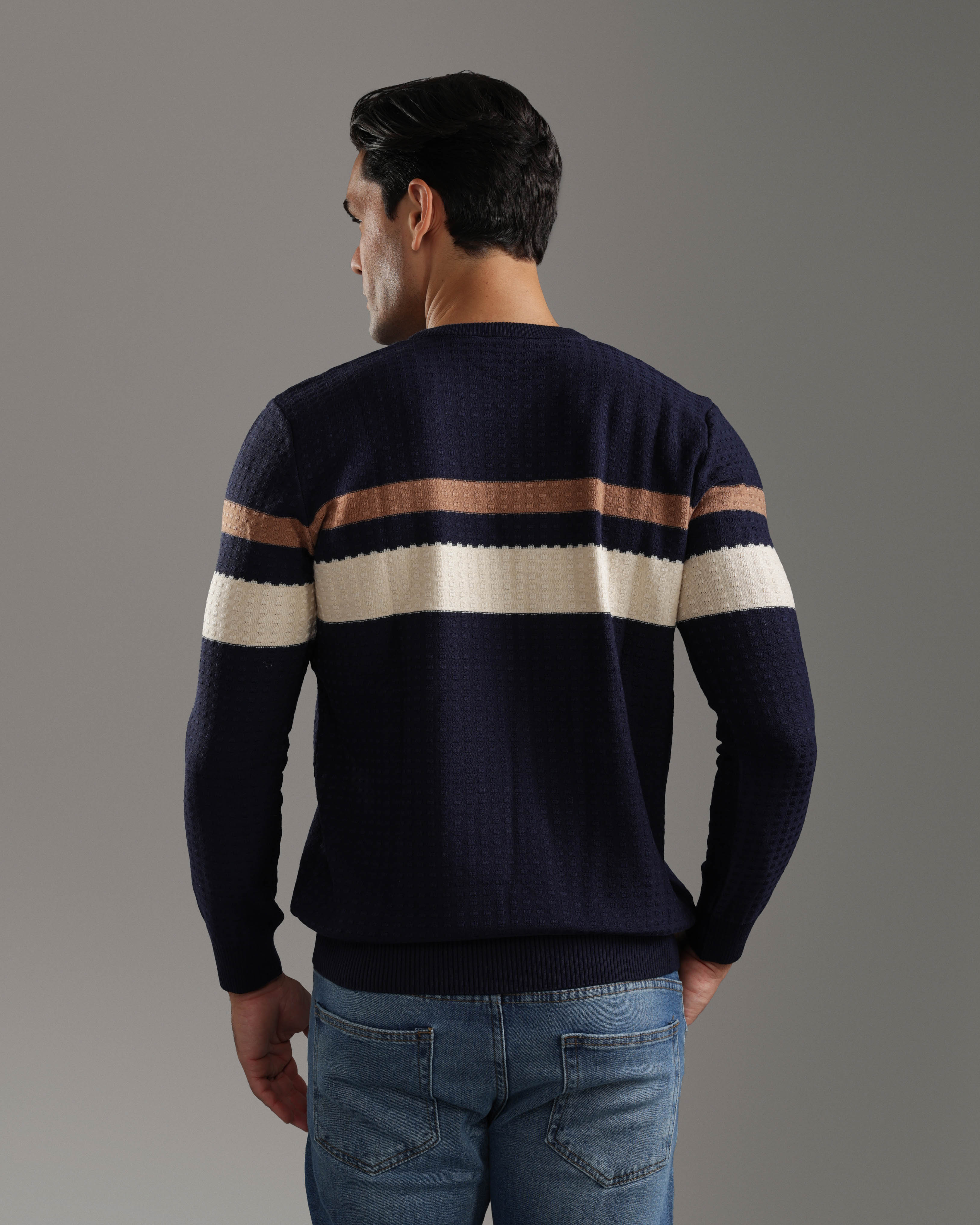 Navy Striped Textured Sweater