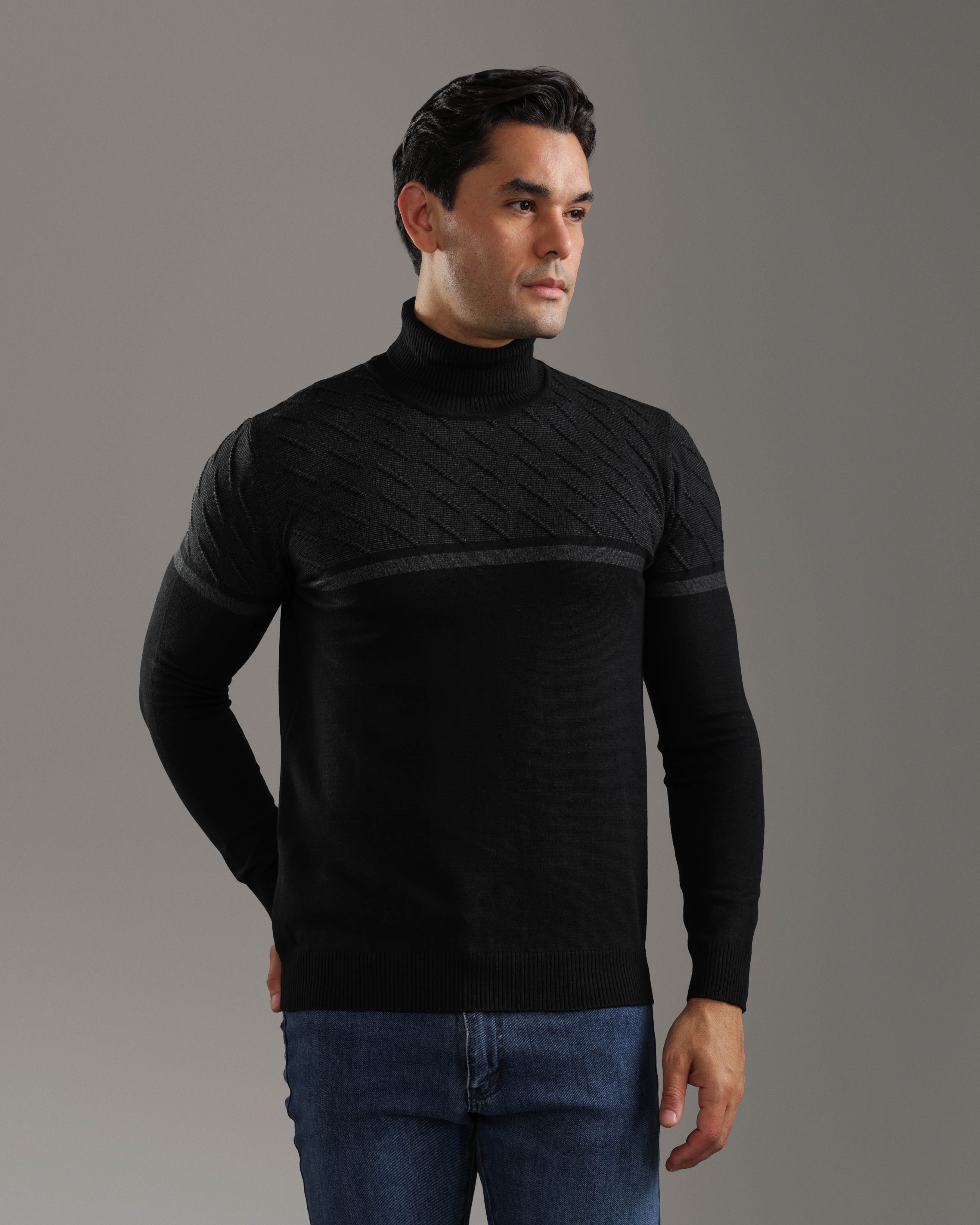 Black Patterned Turtleneck Sweater