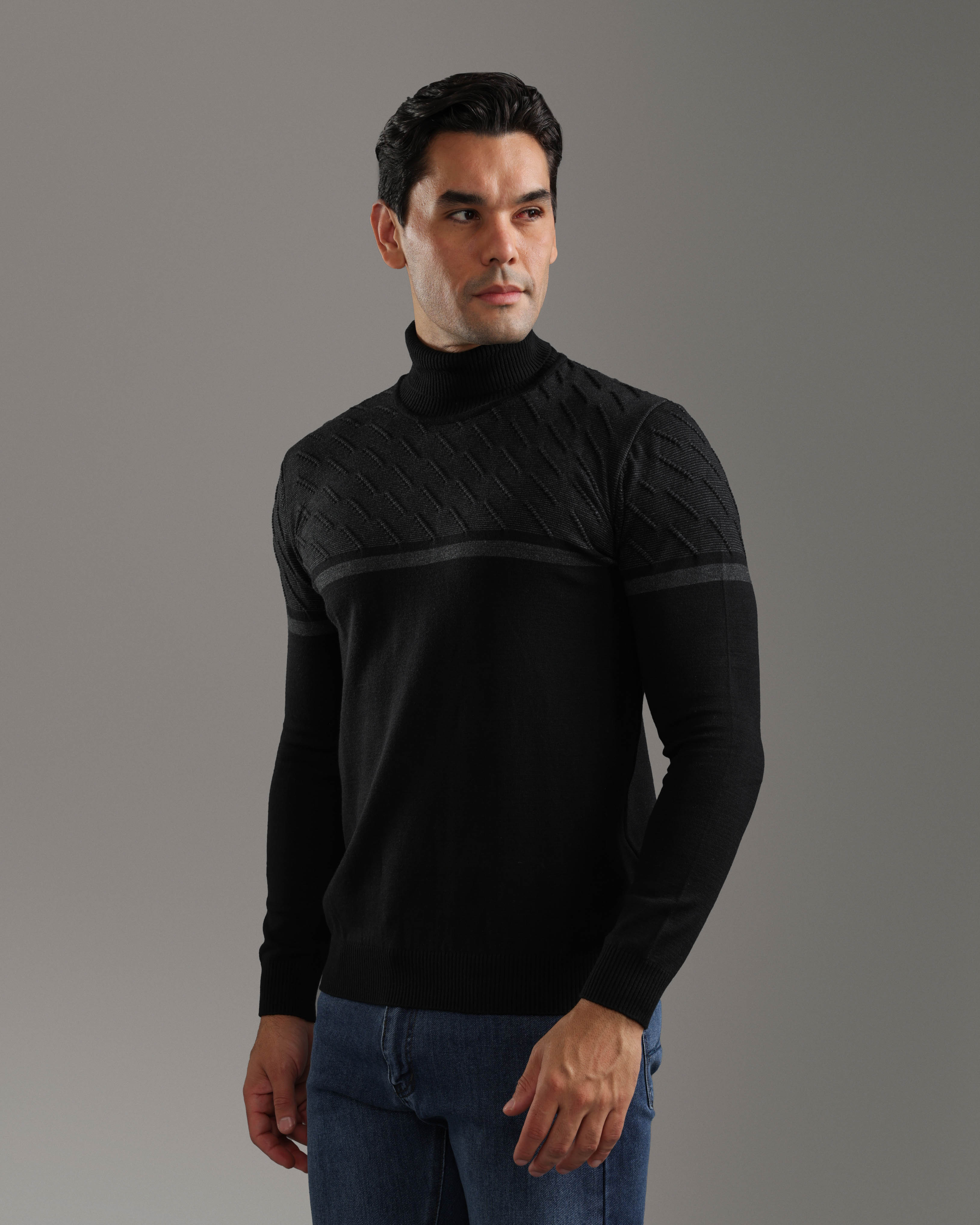 Black Patterned Turtleneck Sweater