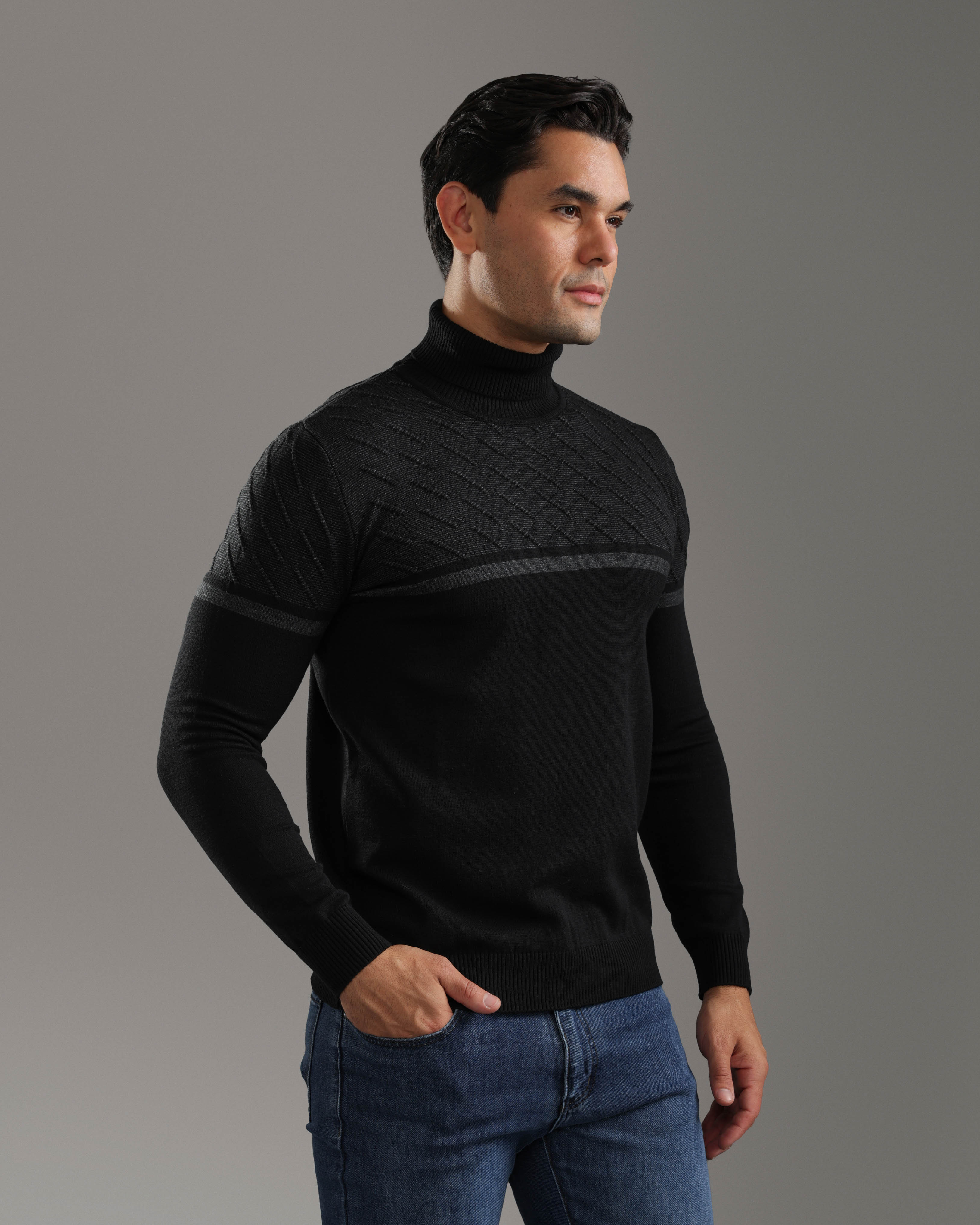 Black Patterned Turtleneck Sweater