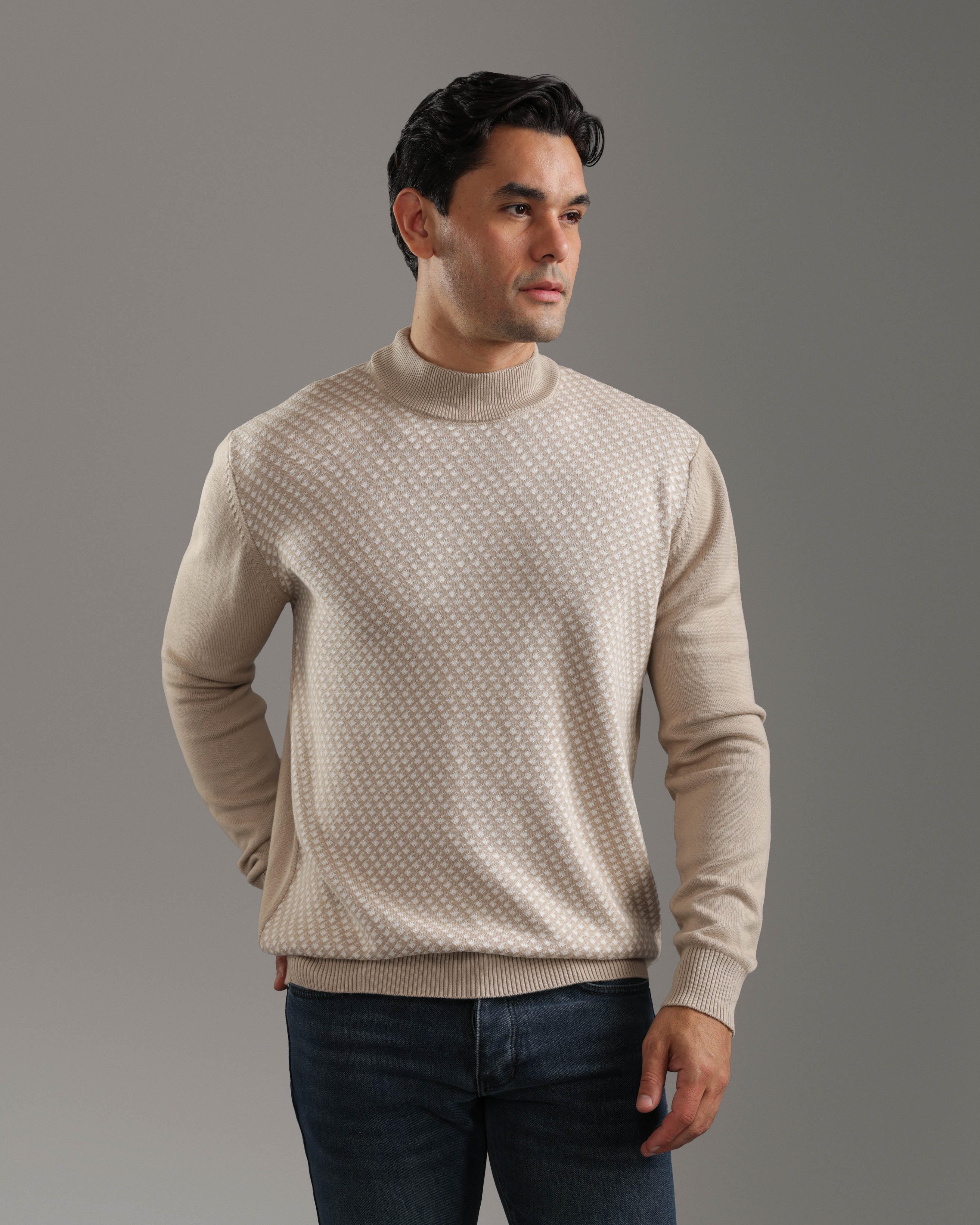 Beige Textured Mock Neck Sweater