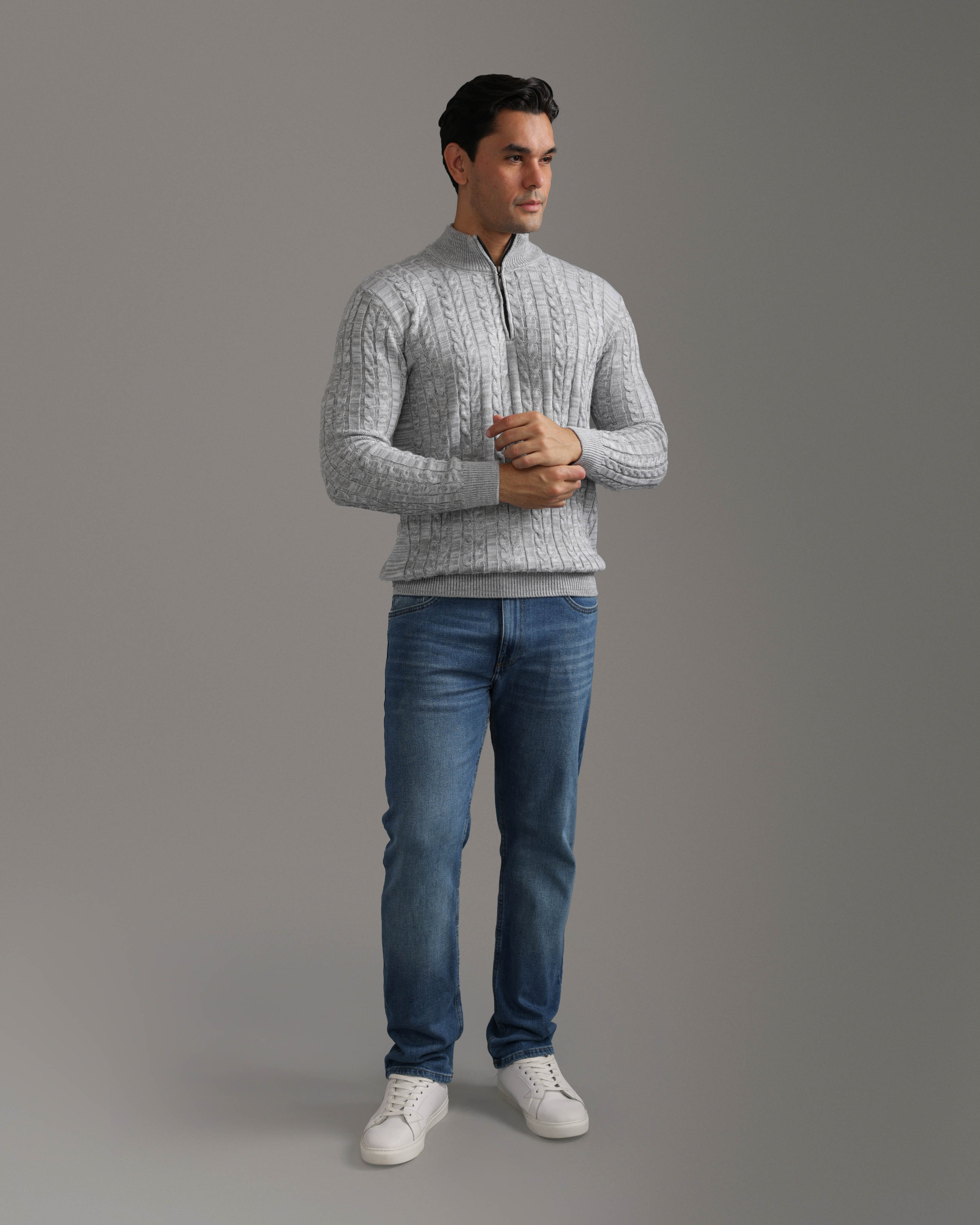 Grey Cable Knit Half-Zip Sweater