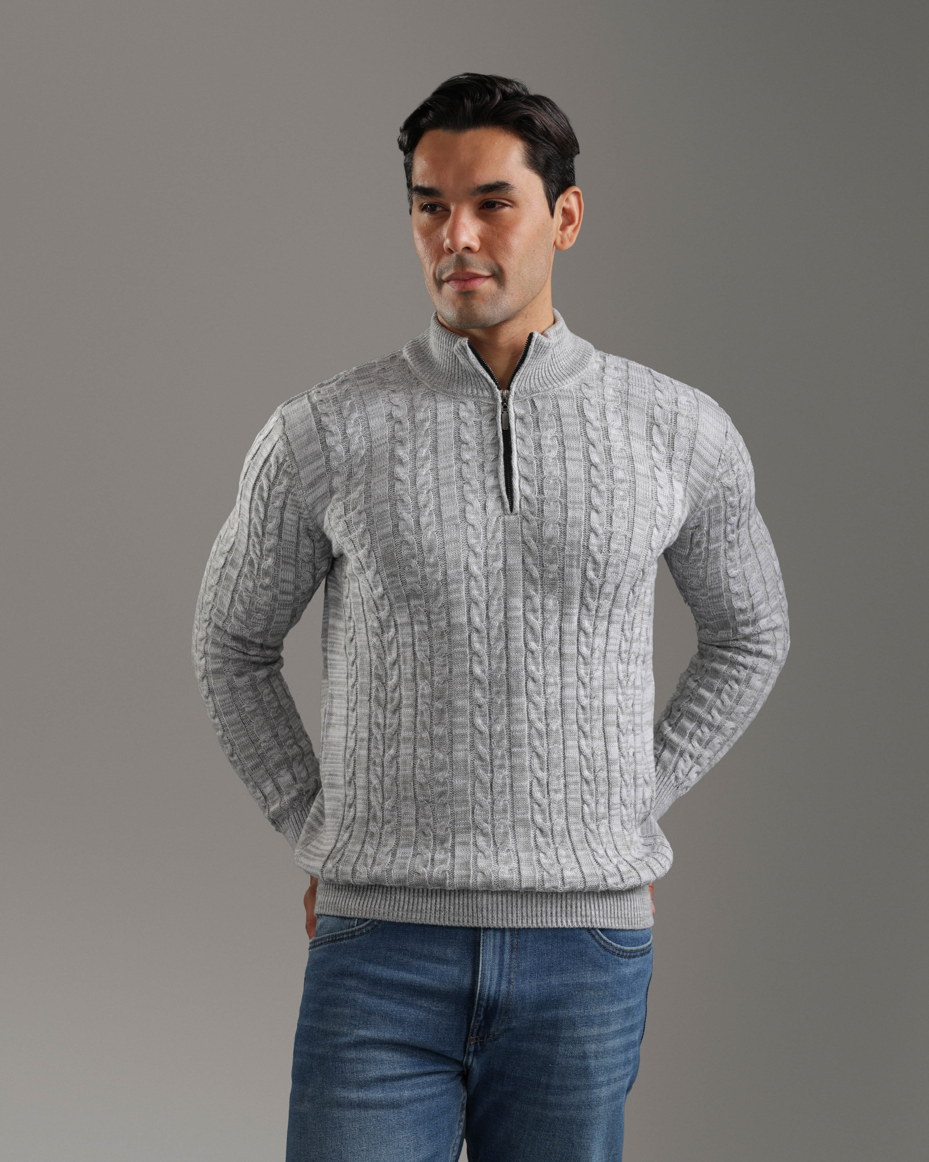 Grey Cable Knit Half-Zip Sweater