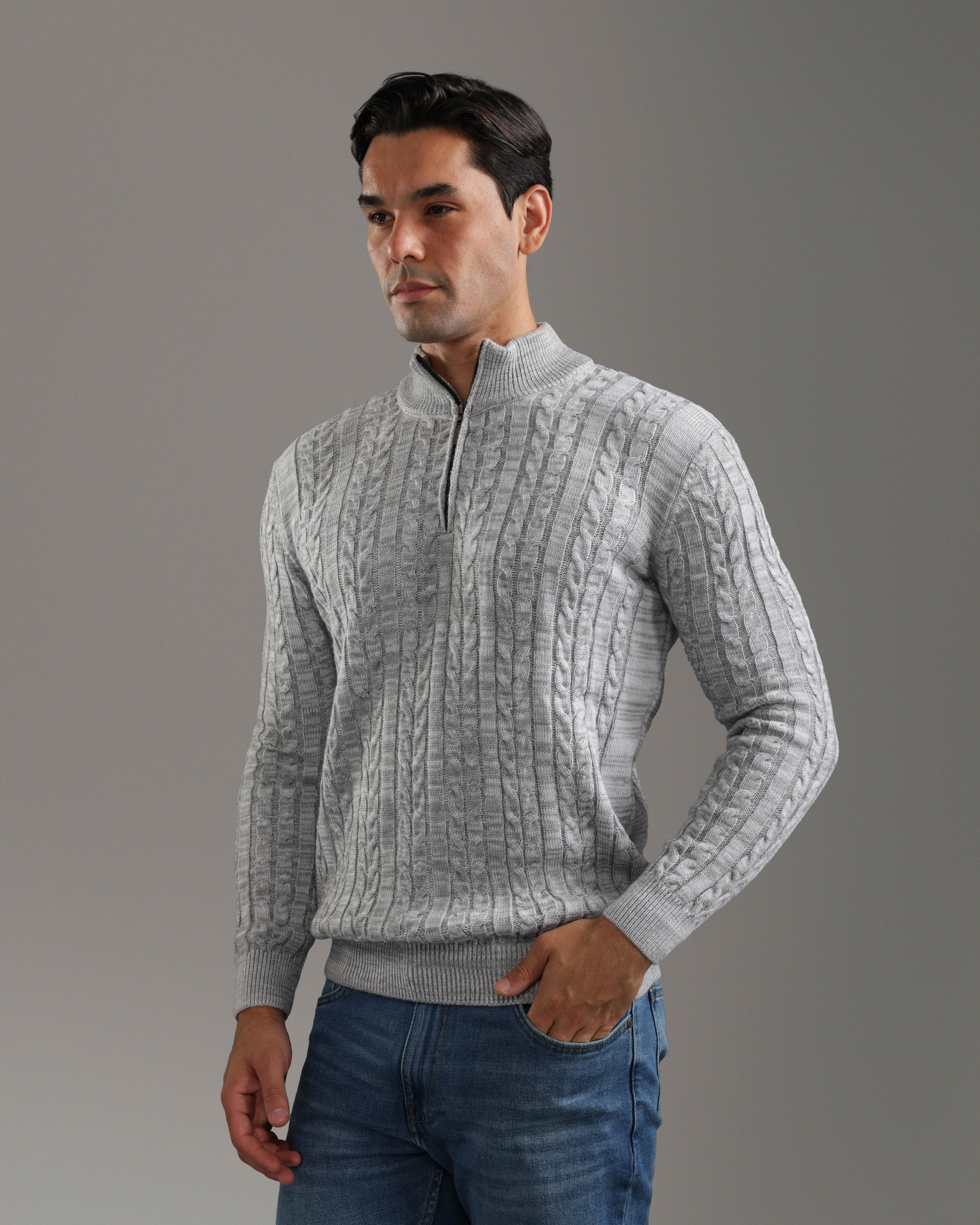 Grey Cable Knit Half-Zip Sweater