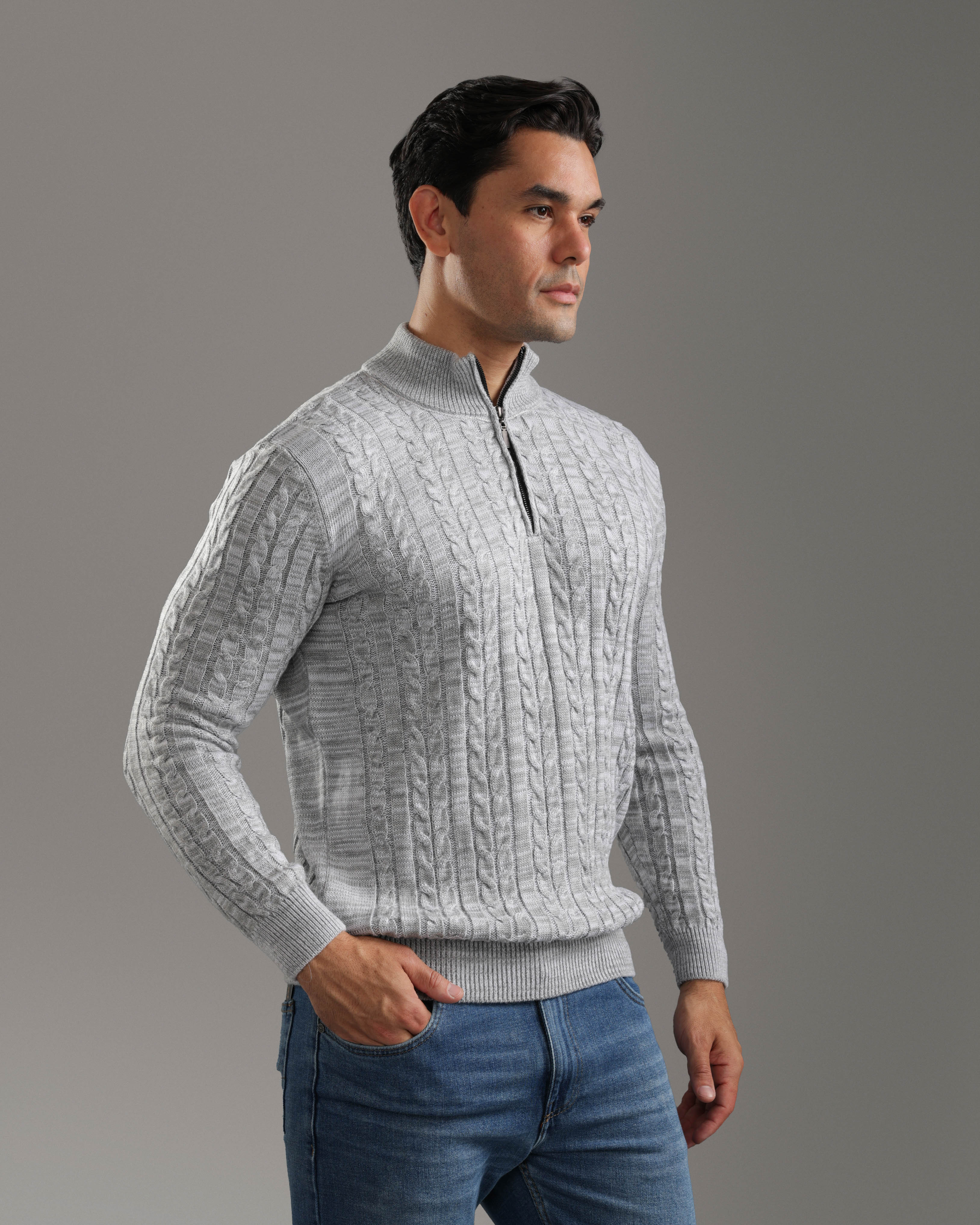 Grey Cable Knit Half-Zip Sweater