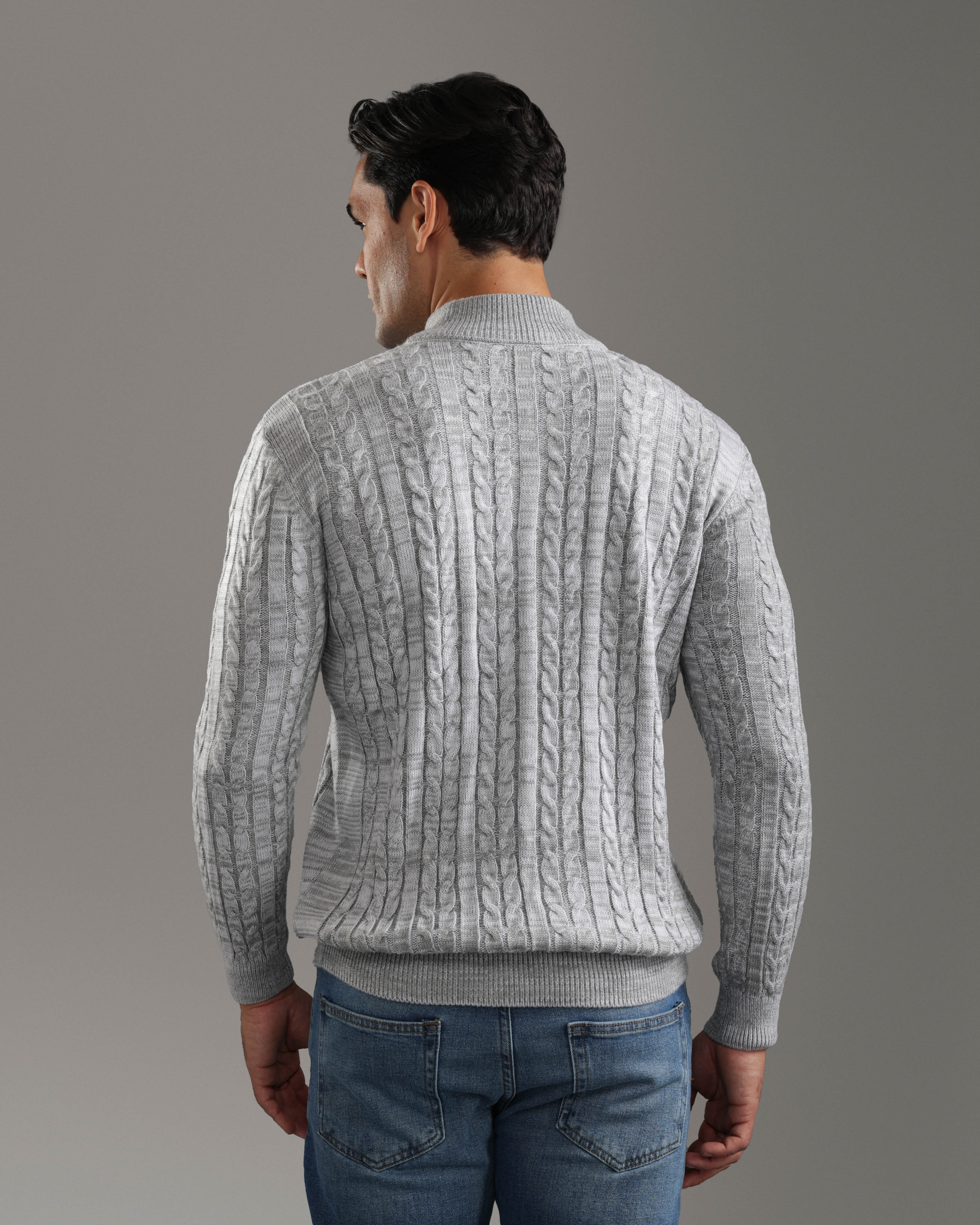 Grey Cable Knit Half-Zip Sweater