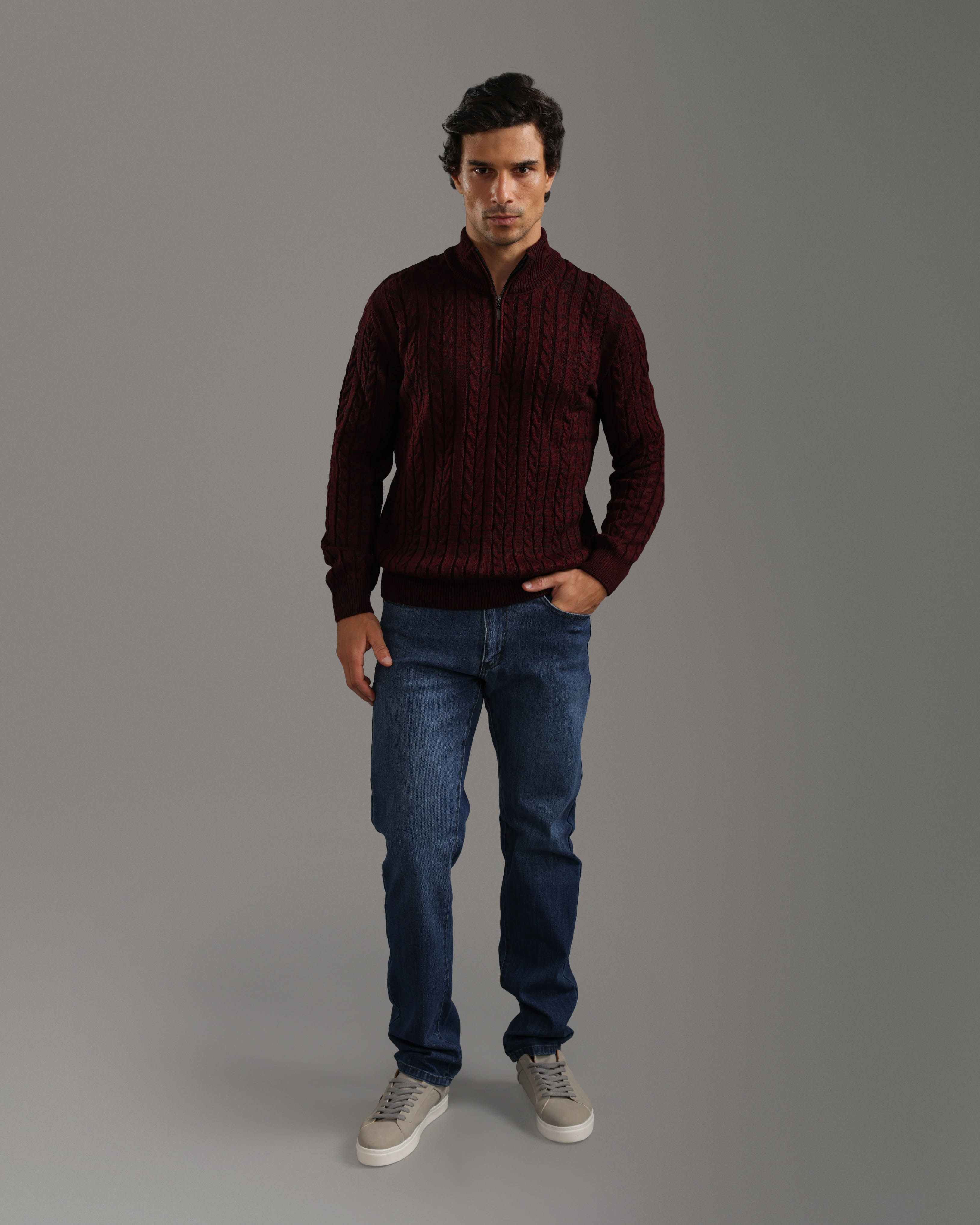 Burgundy Cable Knit Half-Zip Sweater
