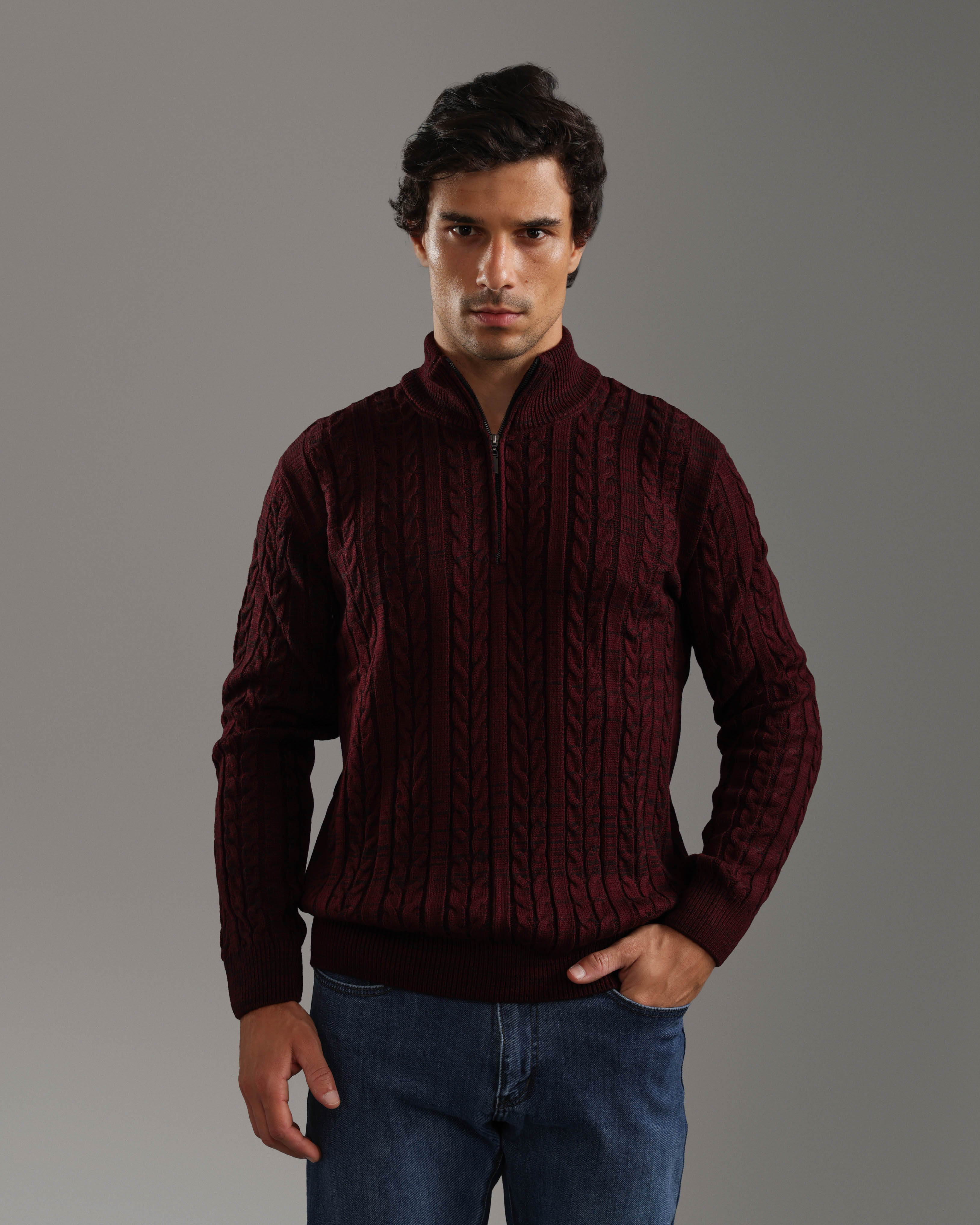 Burgundy Cable Knit Half-Zip Sweater
